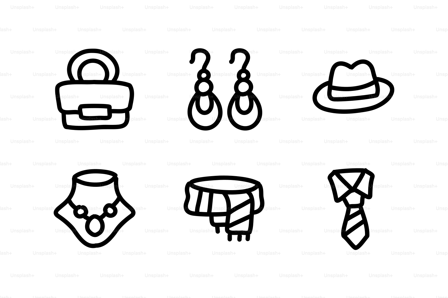 Modeaccessoires wie Handtasche, Ohrringe, Hut, Halskette, Schal und Krawatte.