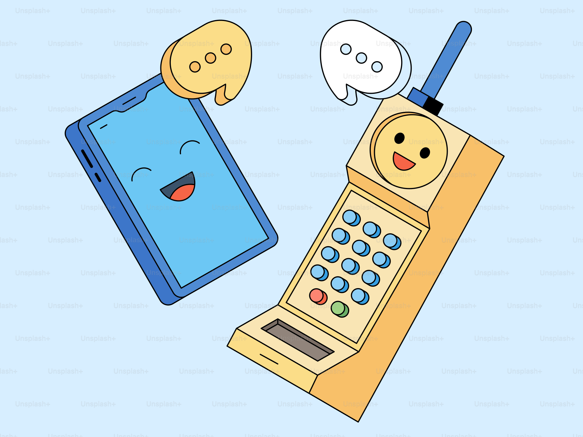 Modern smartphone and vintage phone communicating