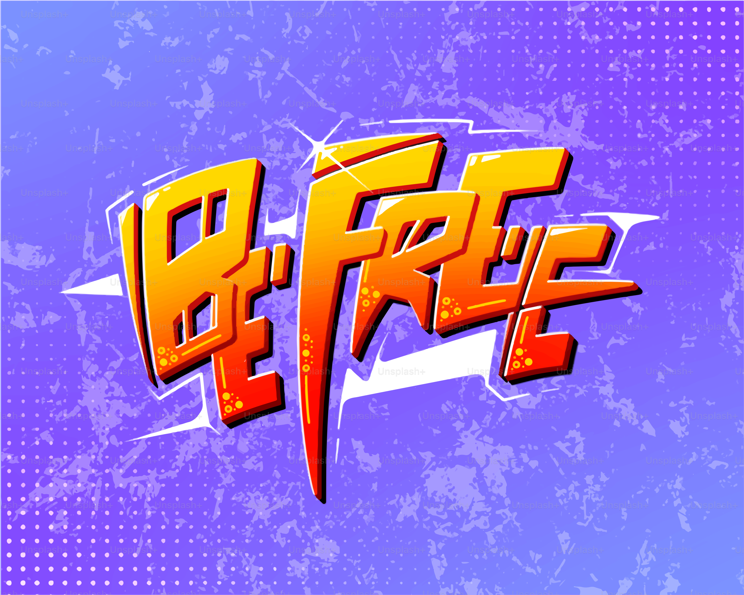 El texto estilizado dice "be free" sobre fondo morado
