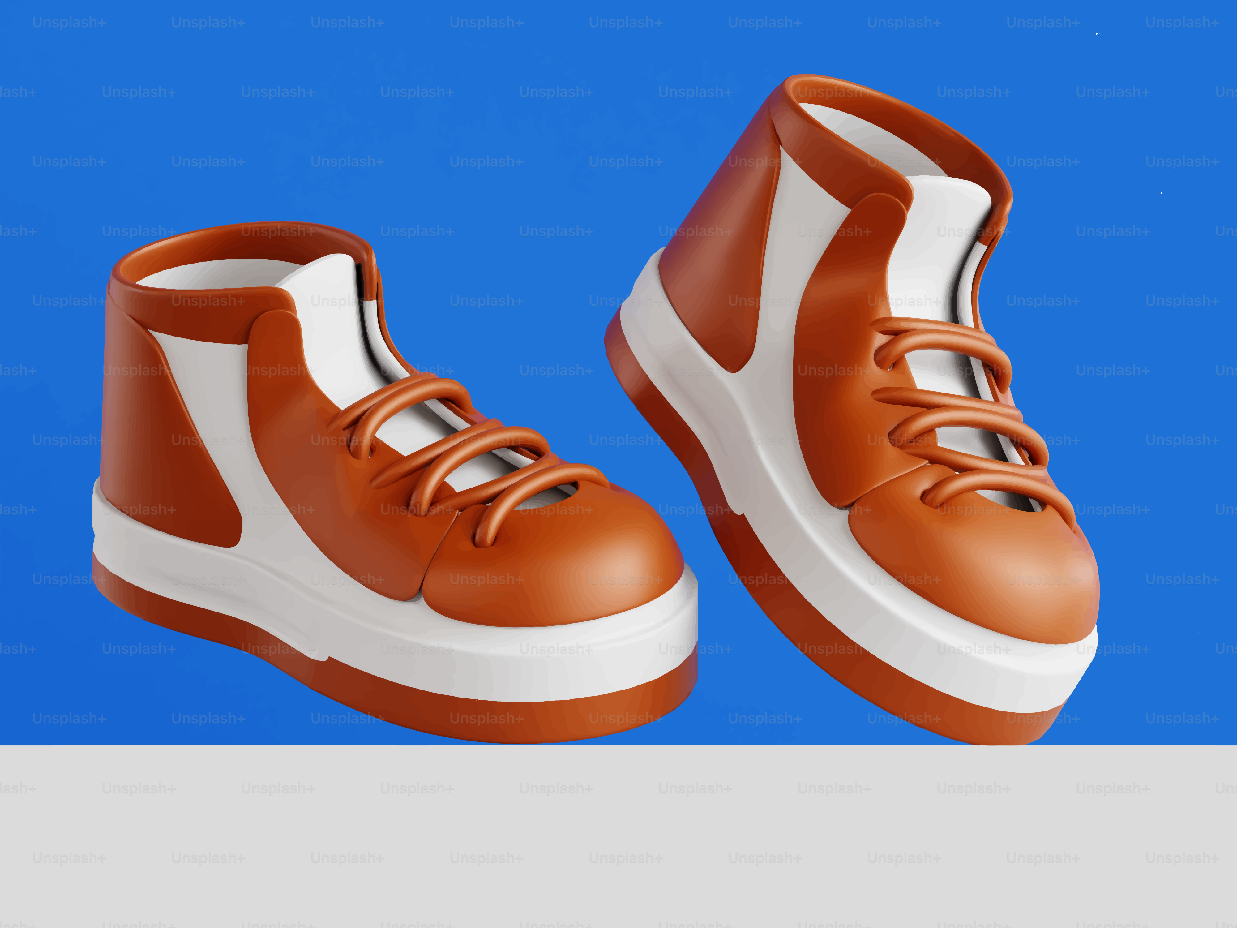 Deux baskets montantes orange et blanches sur fond bleu