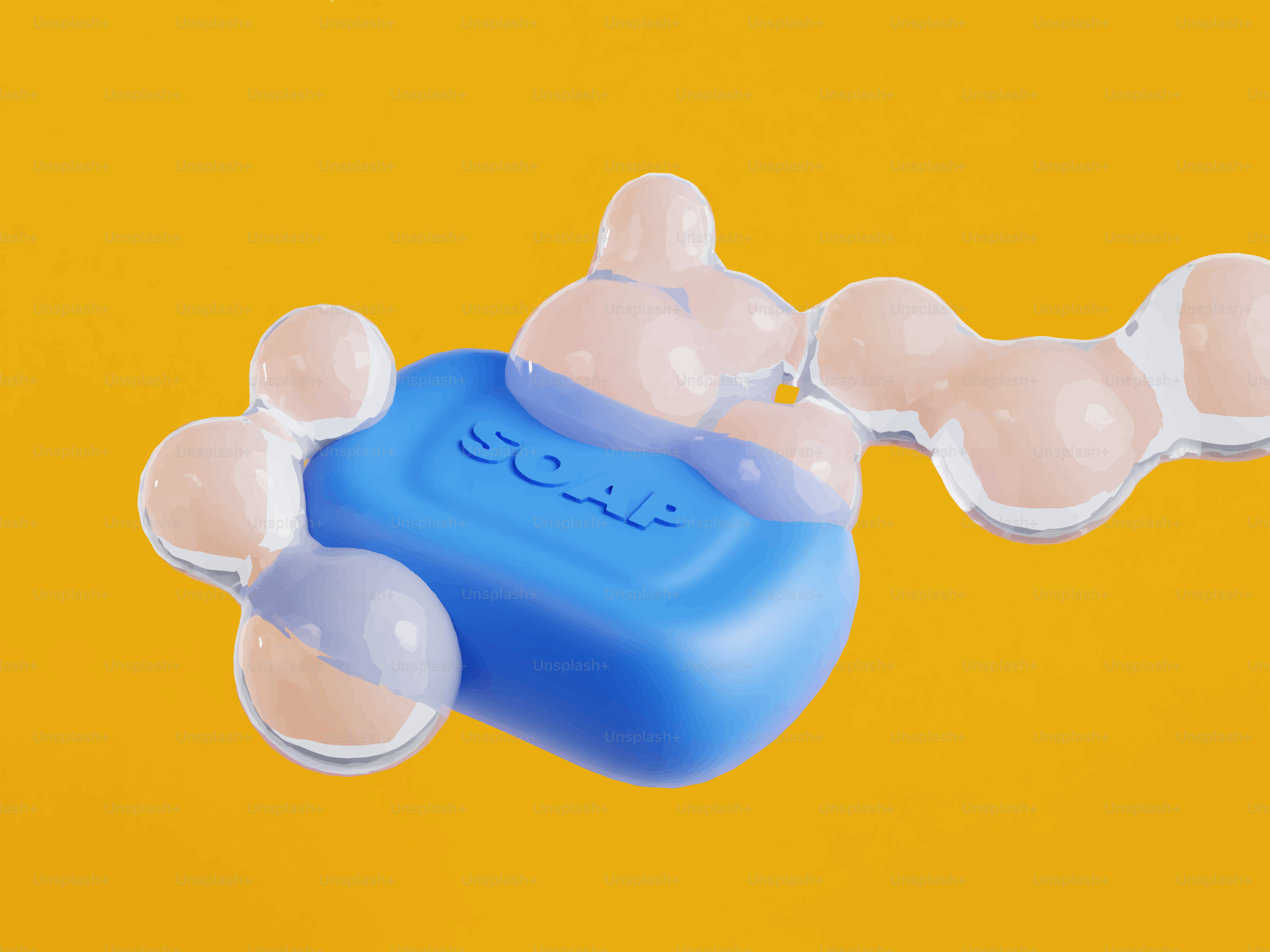 Blue bar of soap with bubbles on yellow background