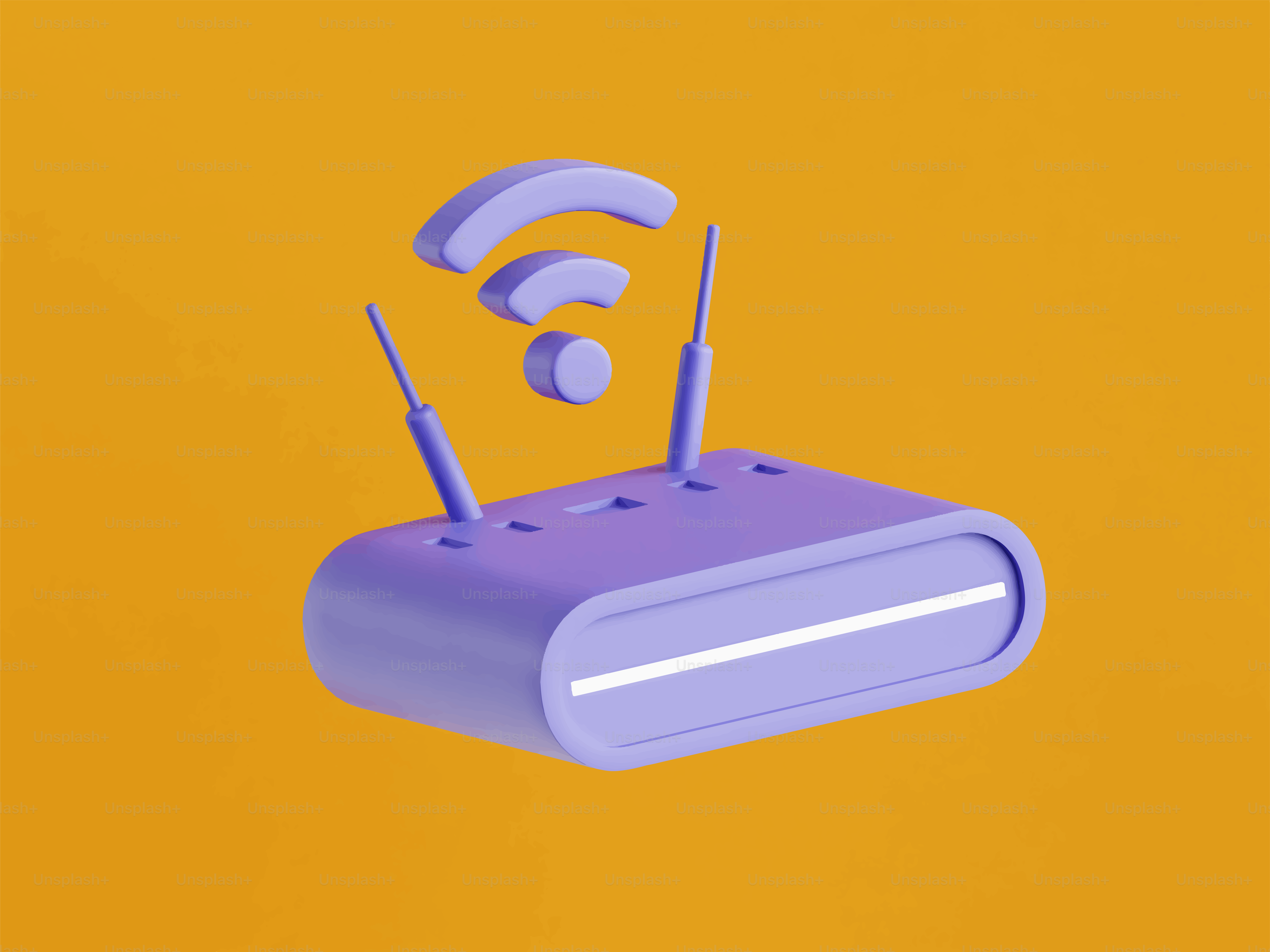 Purple wifi router broadcasting signal on orange background
