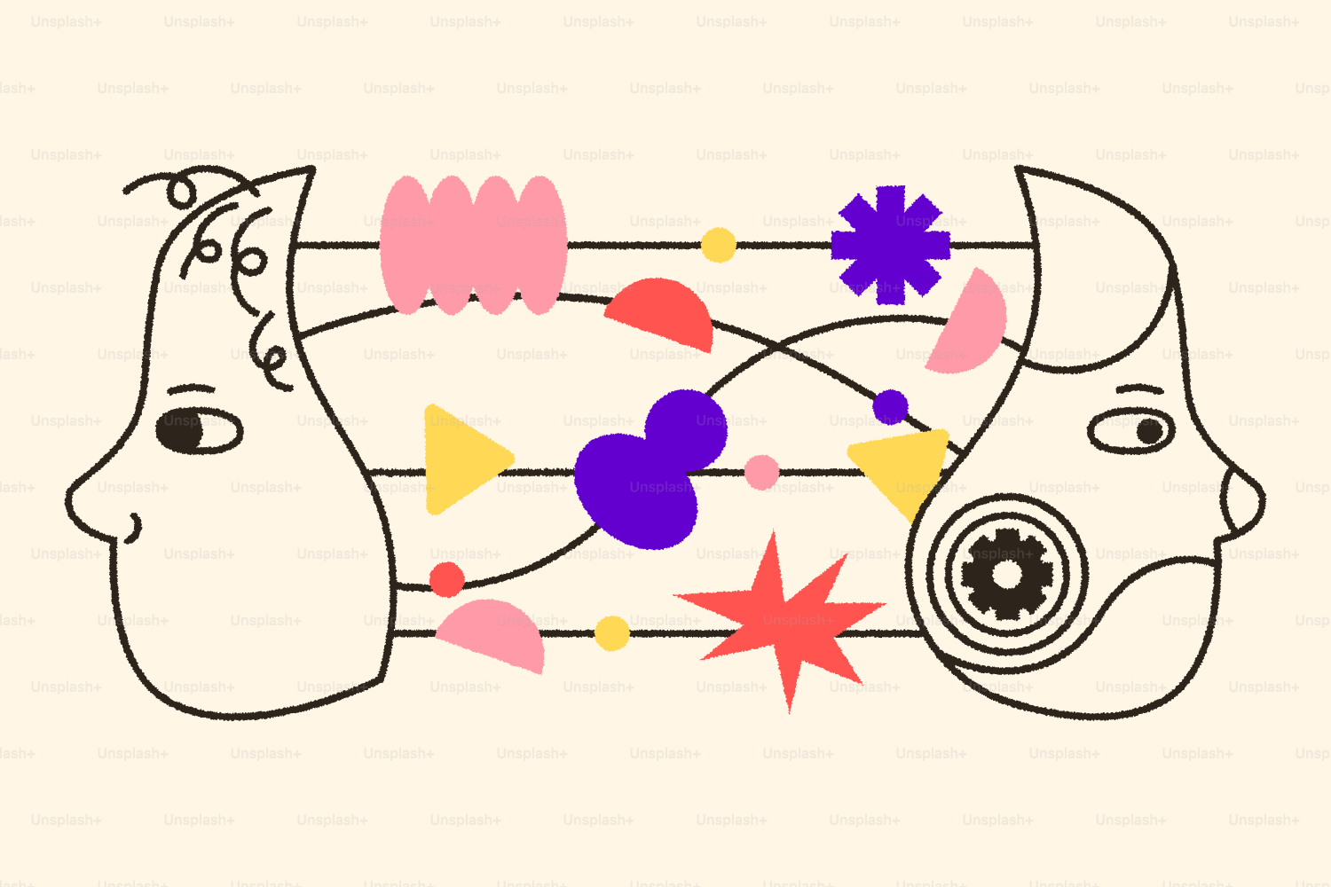 Abstract connection between two stylized heads with shapes.