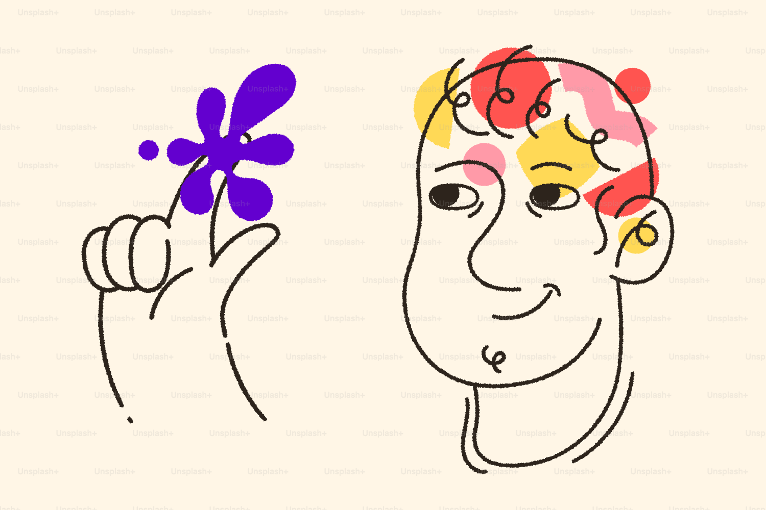 Hand creating colorful thoughts above a man's head.