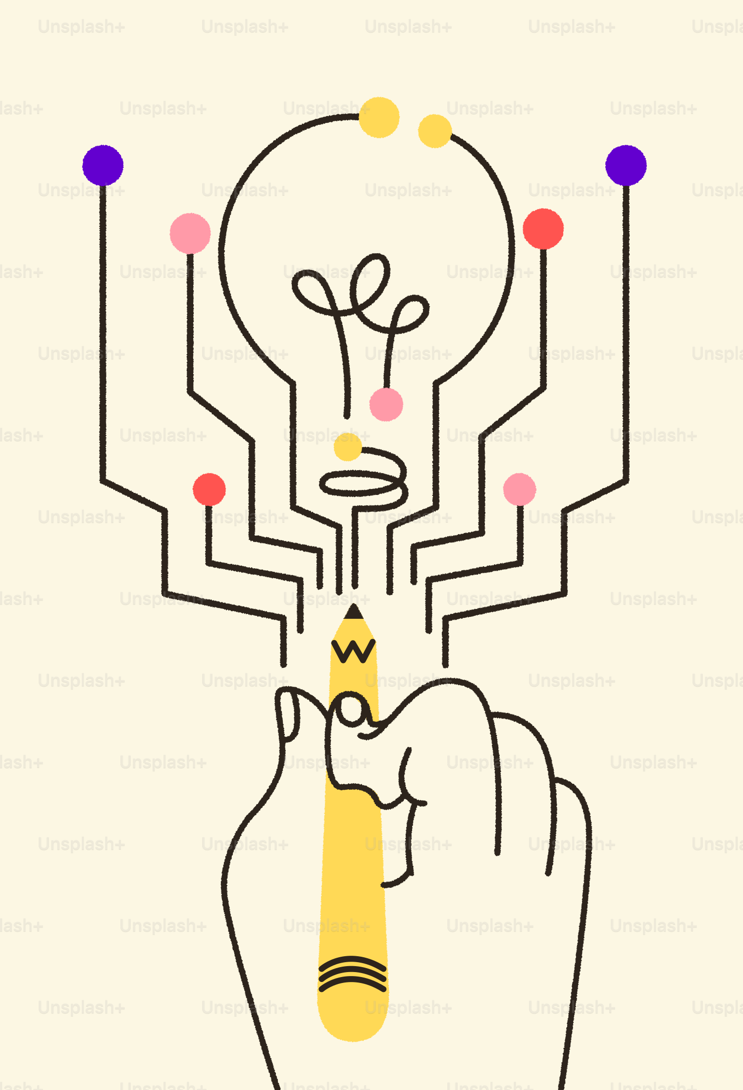 Hand drawing a lightbulb with a pencil, colorful dots.