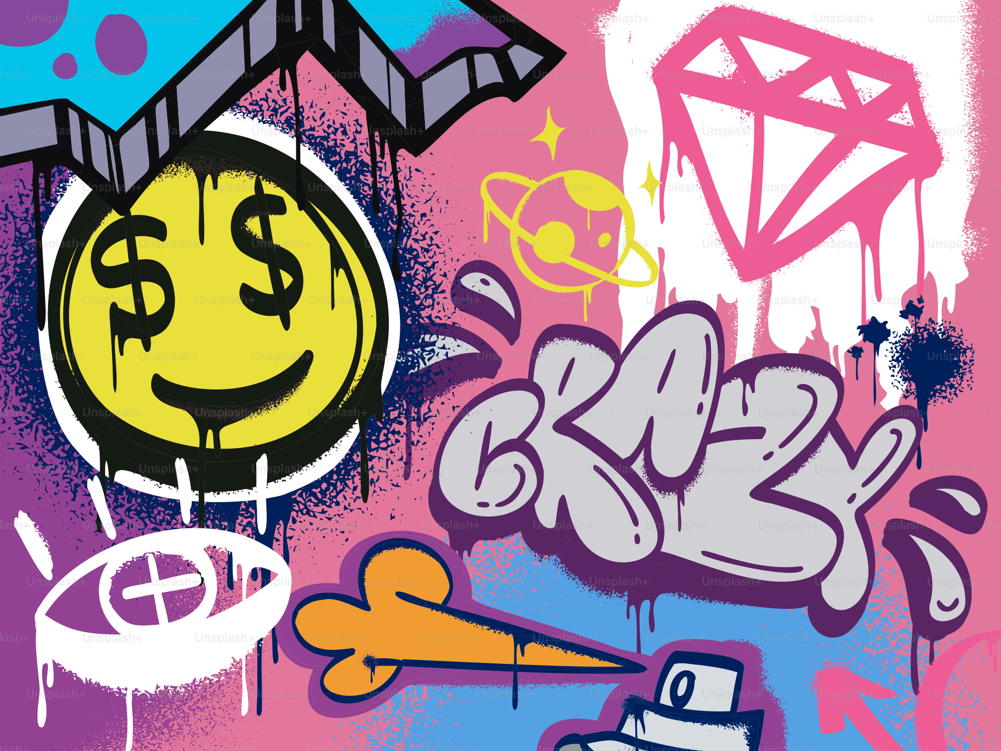 Seni grafiti dengan wajah tersenyum, berlian, dan planet.