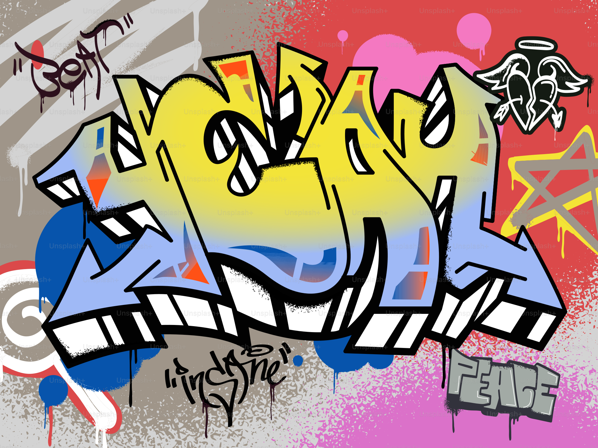 Bunte Graffiti-Kunst mit Buchstaben und Symbolen.