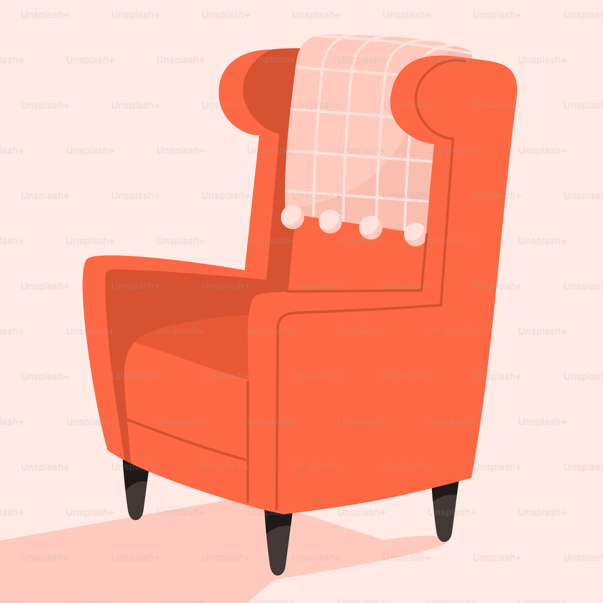 Orange armchair with a checkered blanket draped over it.