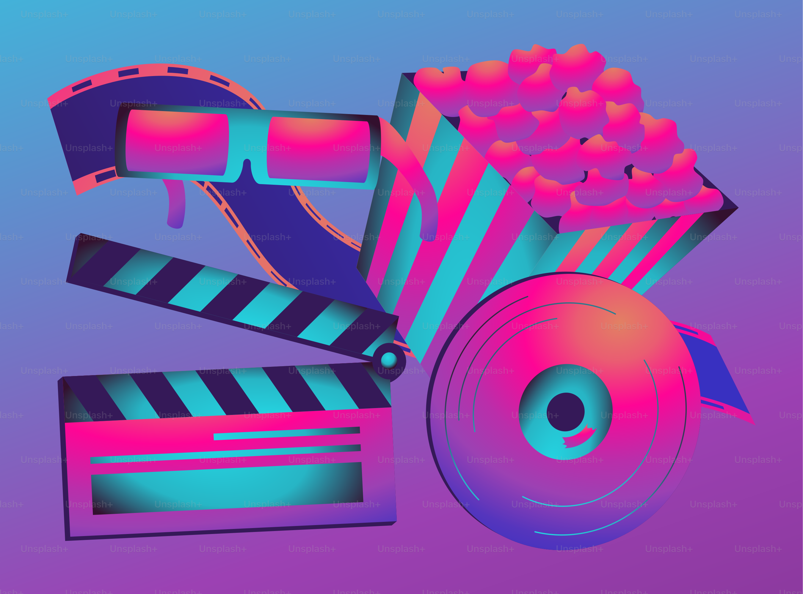 Movie reel, 3D glasses, popcorn, and clapperboard