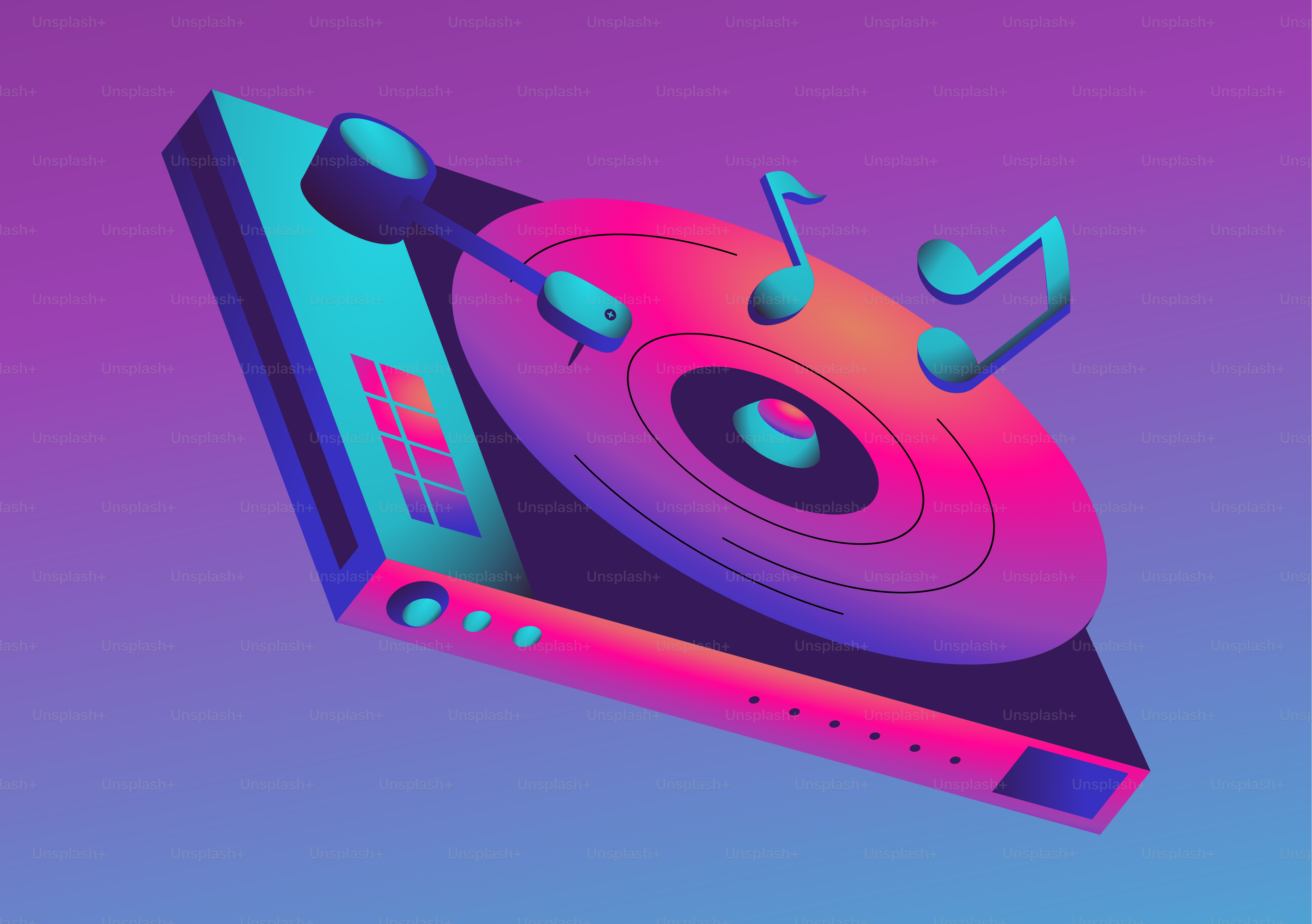 Toca-discos com notas musicais sobre fundo em gradiente