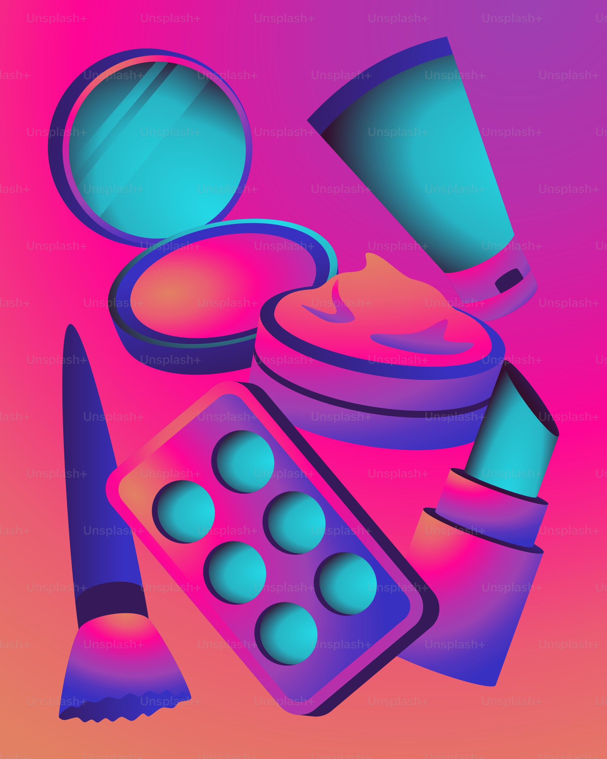 Assorted makeup products arranged artistically on a gradient background.