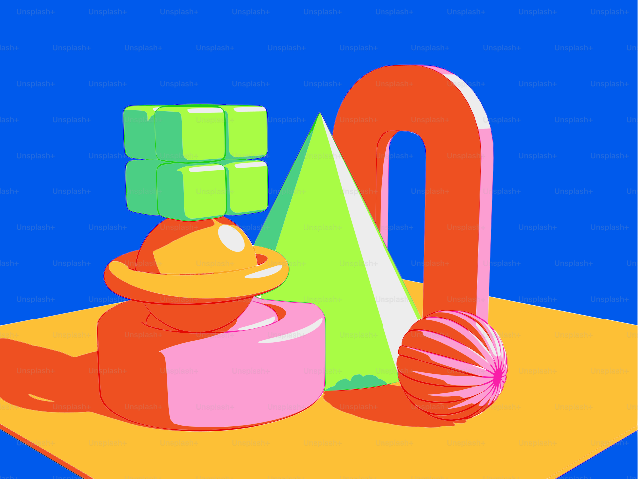 Colorful geometric shapes arranged on a yellow surface.