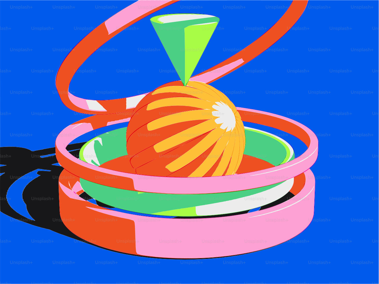 Abstract orange sphere with colorful rings and cone