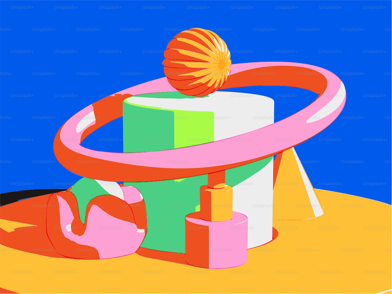 Formas geométricas abstractas con colores vibrantes y sombras.