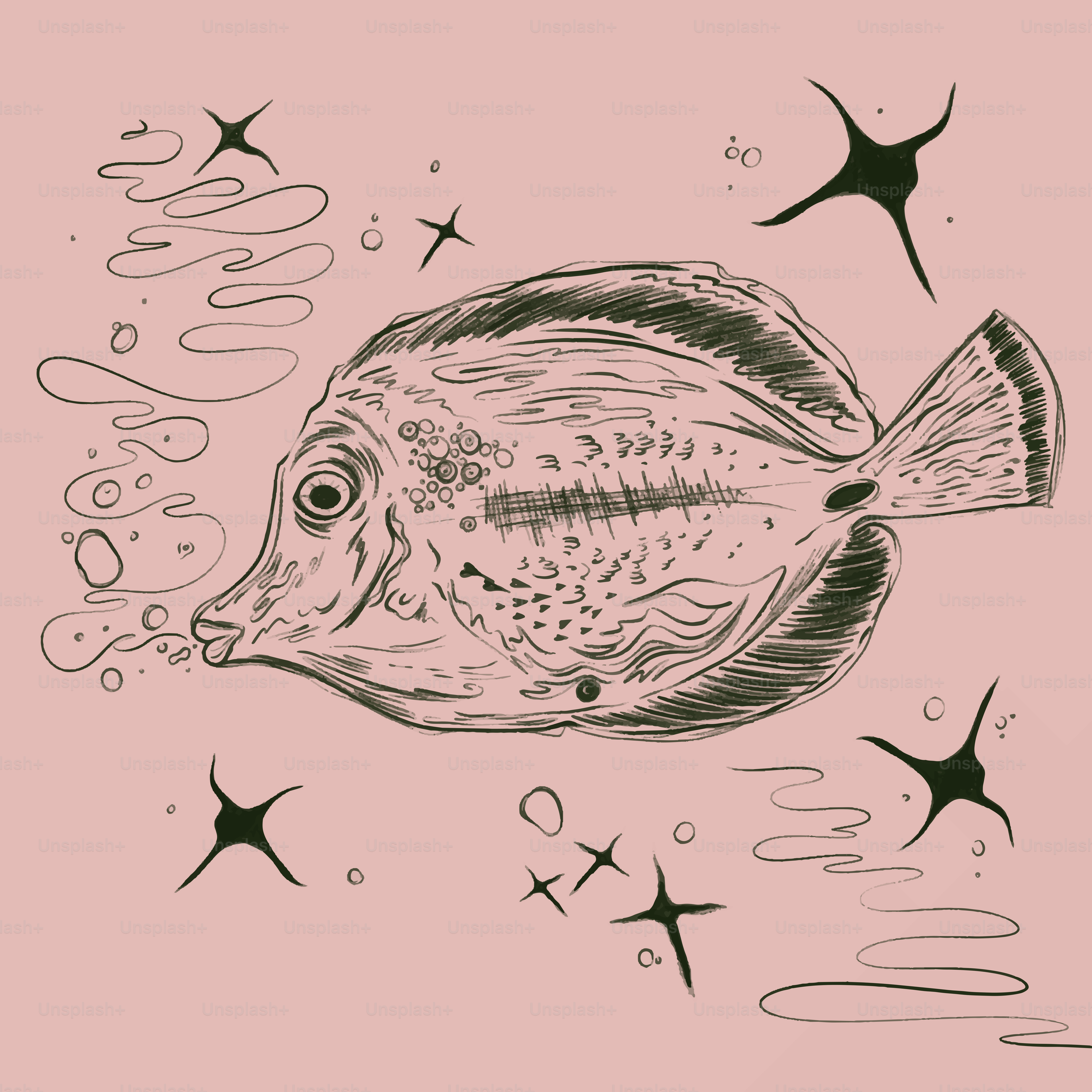 Croquis d’un poisson avec des bulles et des étoiles