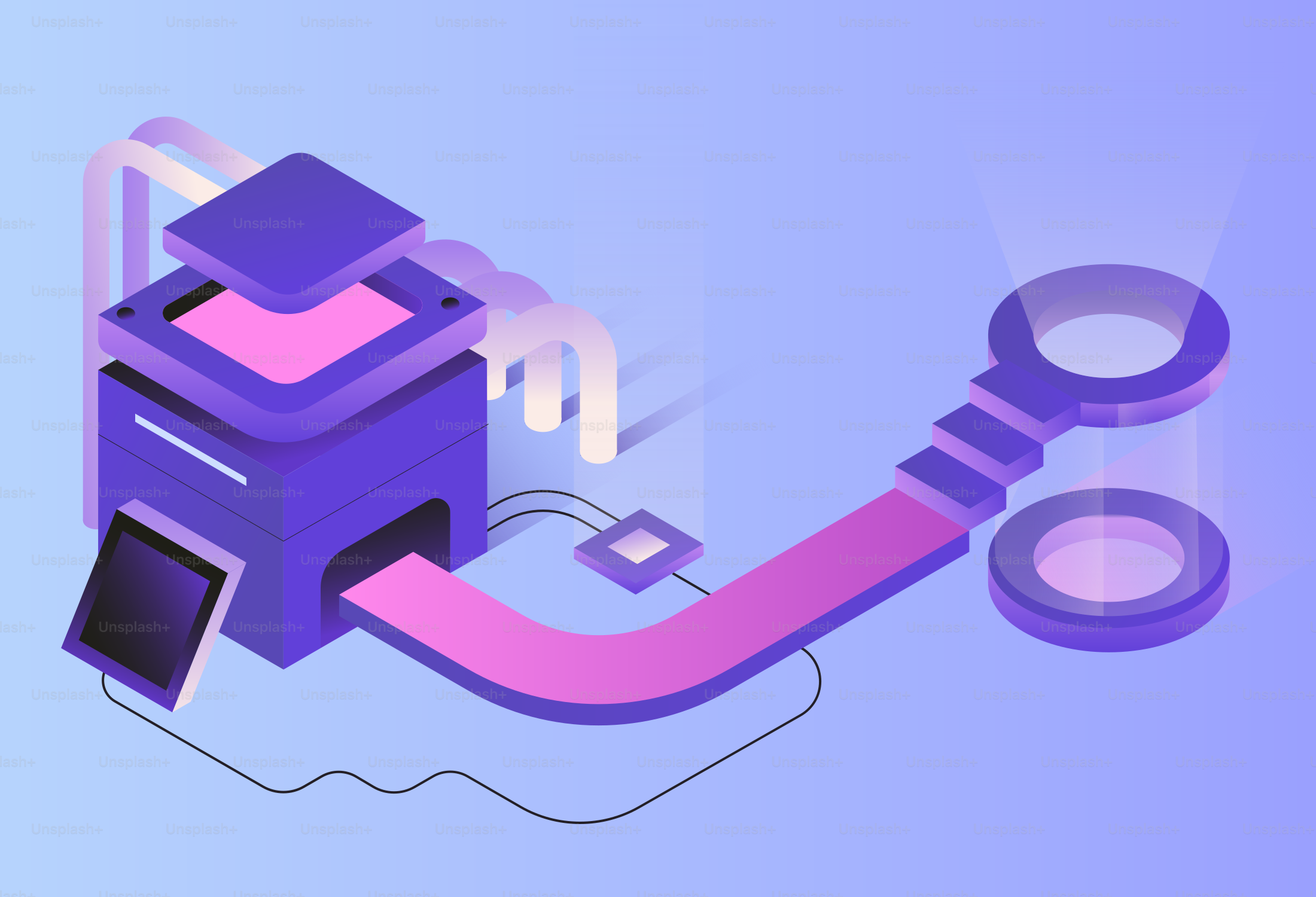 Abstract futuristic manufacturing process with glowing elements.