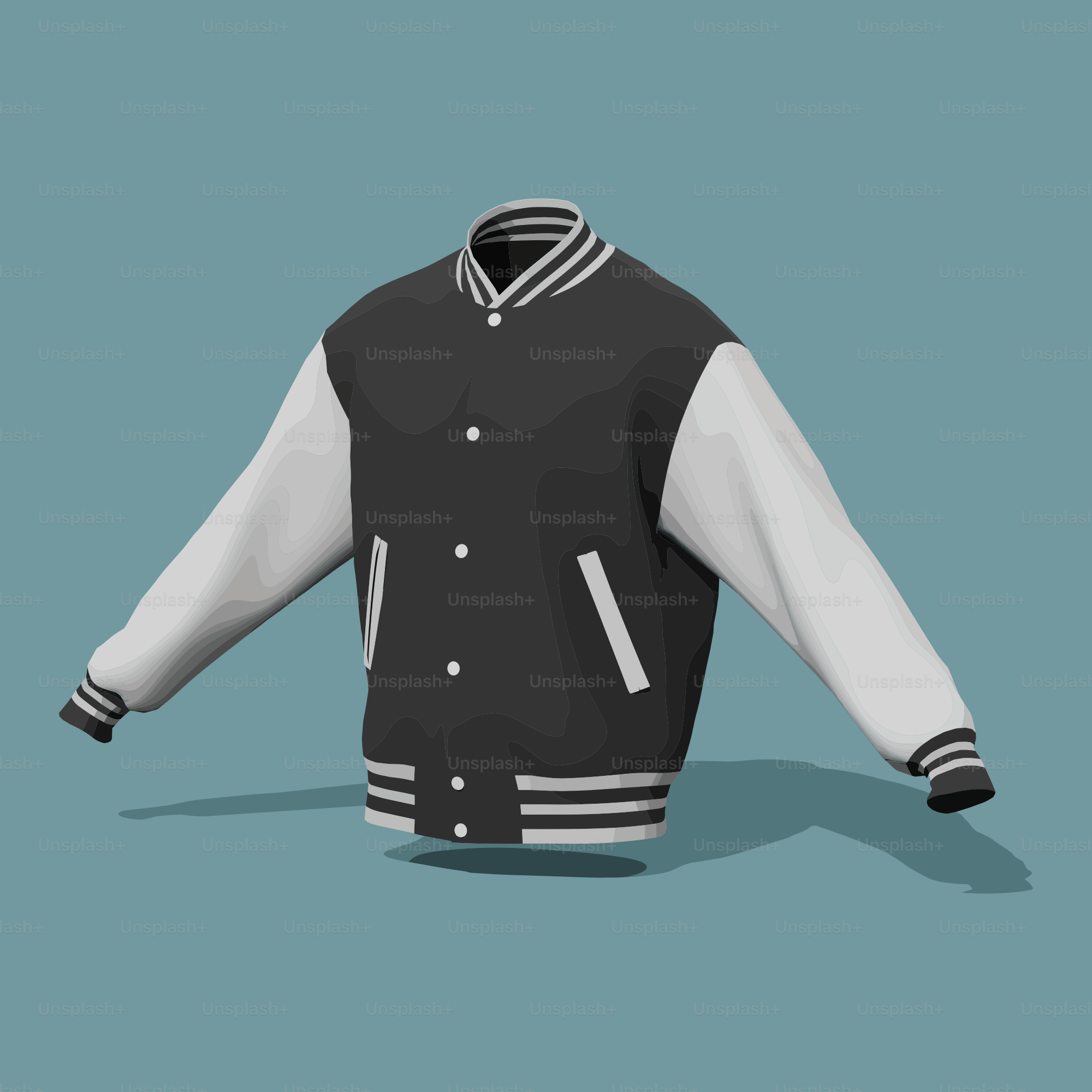 A black and white varsity jacket on a blue background