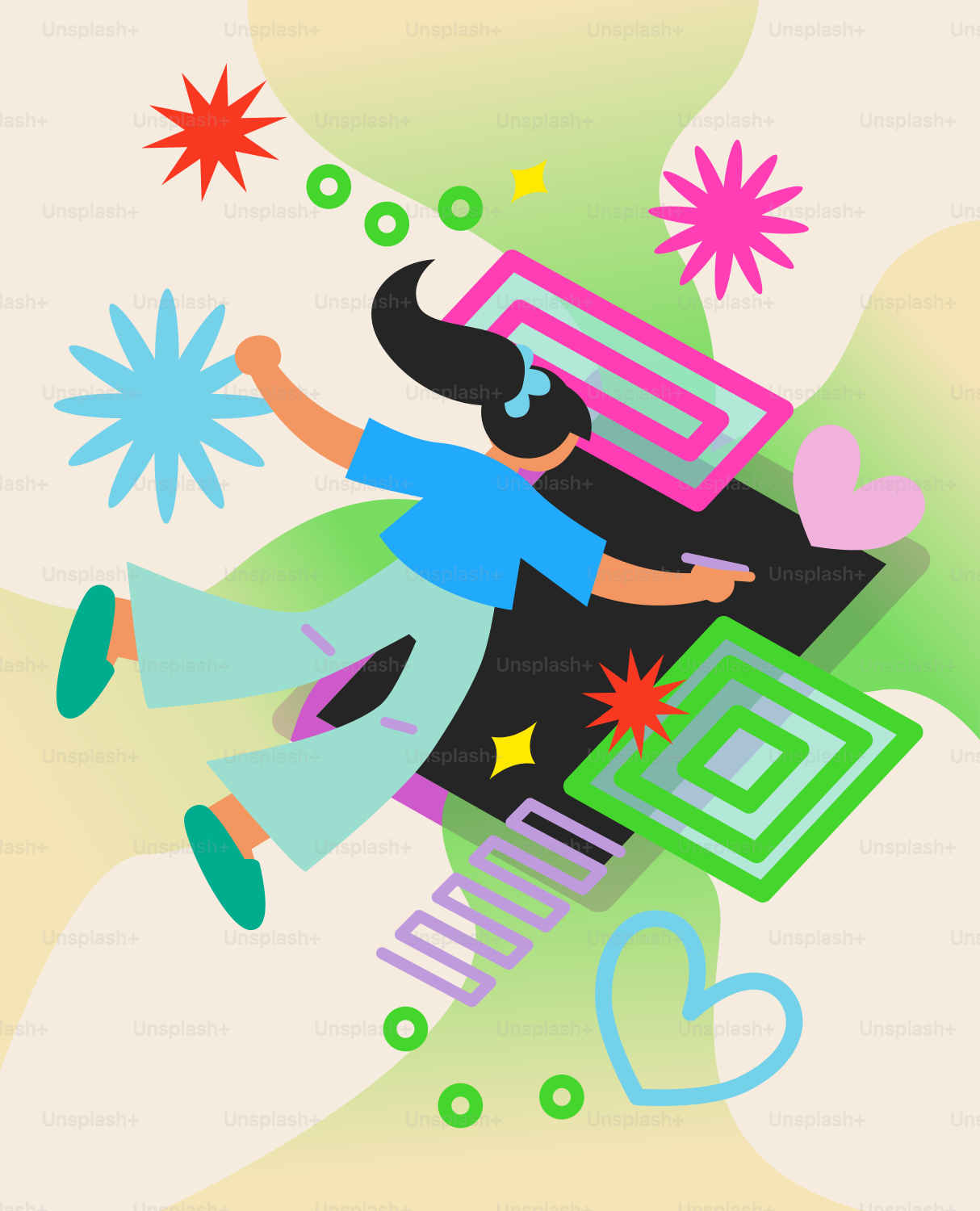 Person drawing digital art surrounded by colorful shapes.