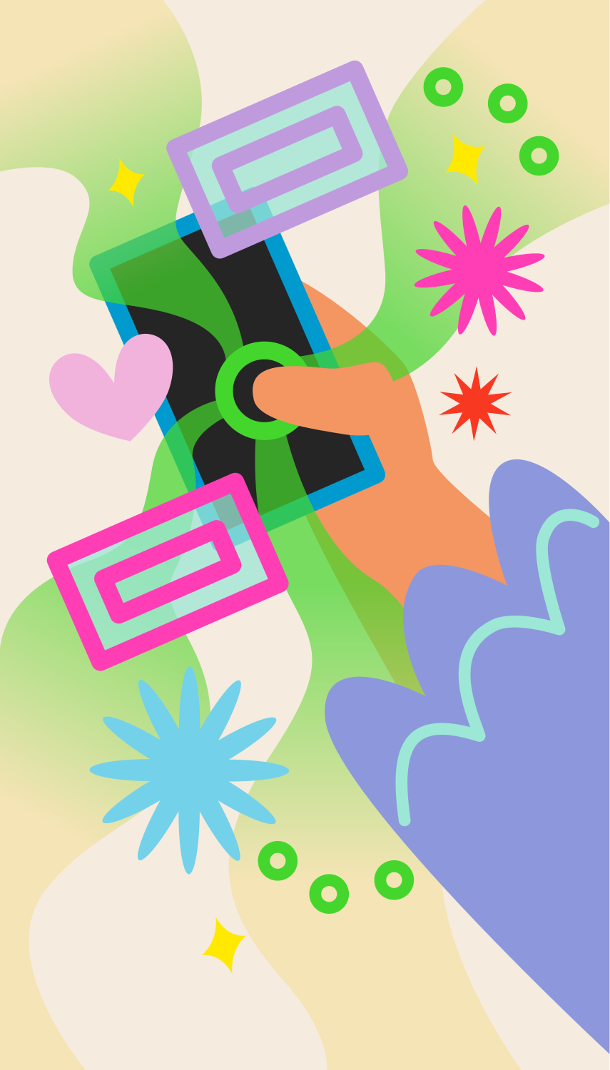 Hand holding a phone with abstract shapes and stars.