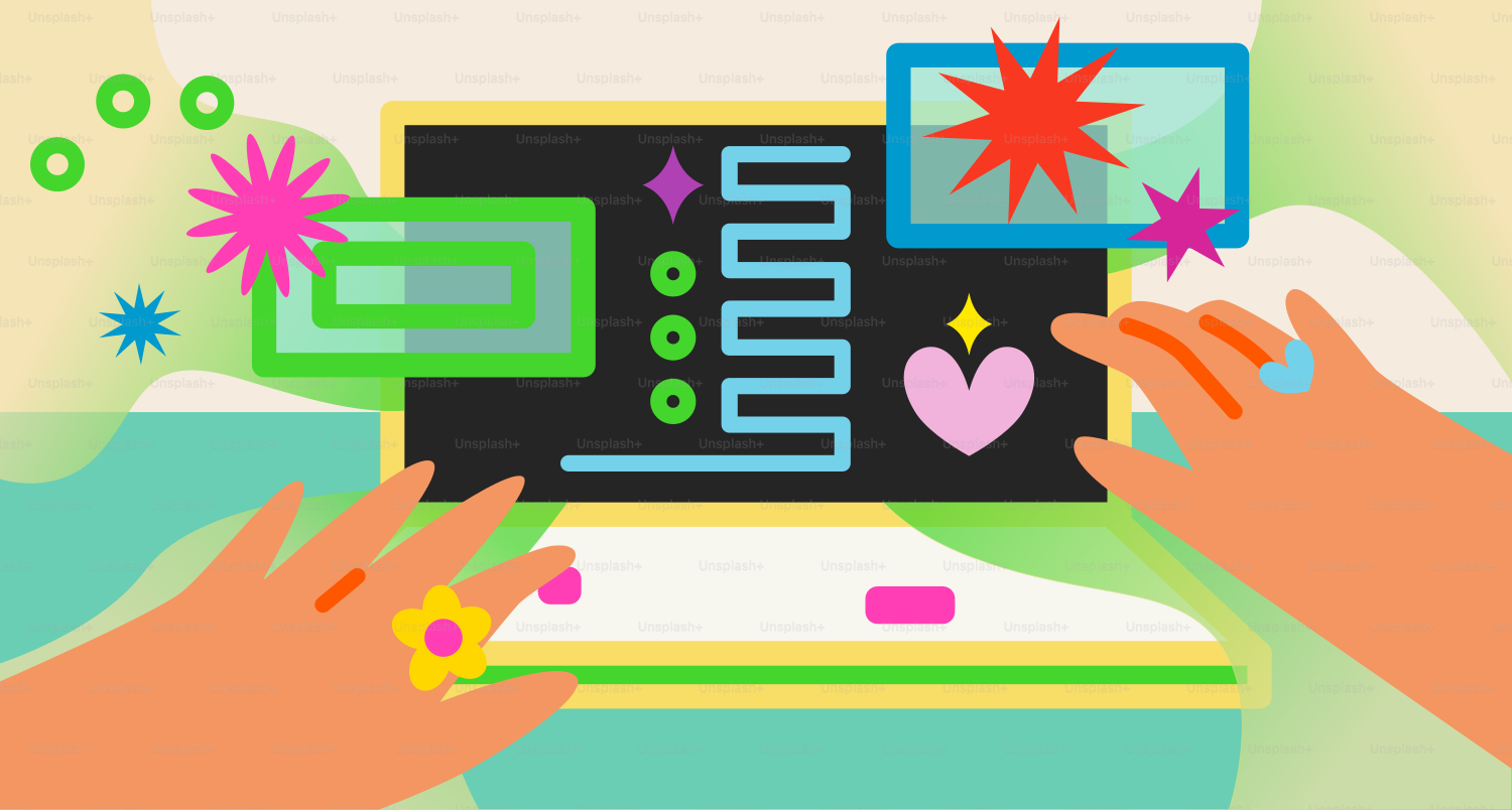 Hands interacting with a colorful, retro computer screen.