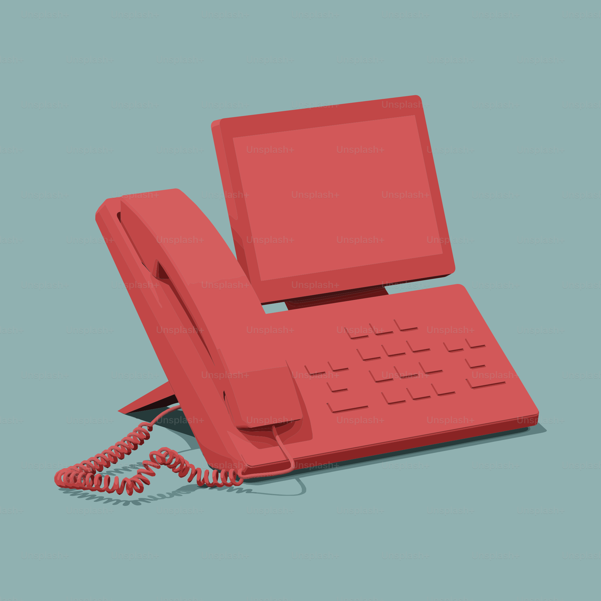 A coral-colored desk phone with a small screen.