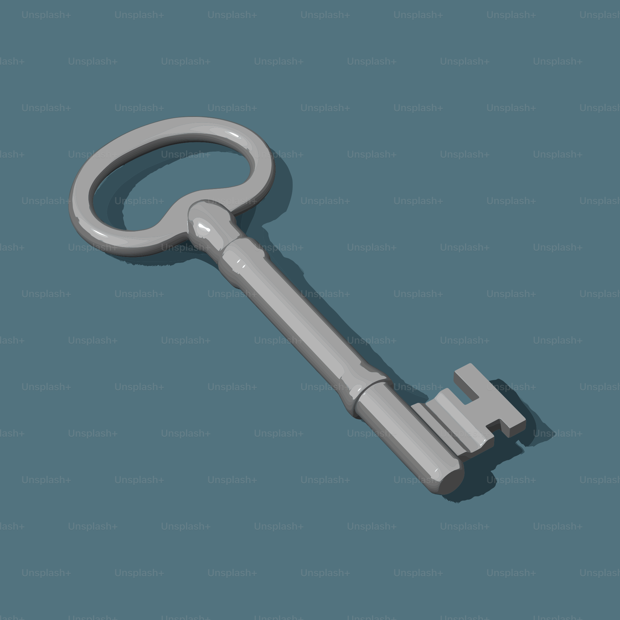 A silver antique key on a blue background