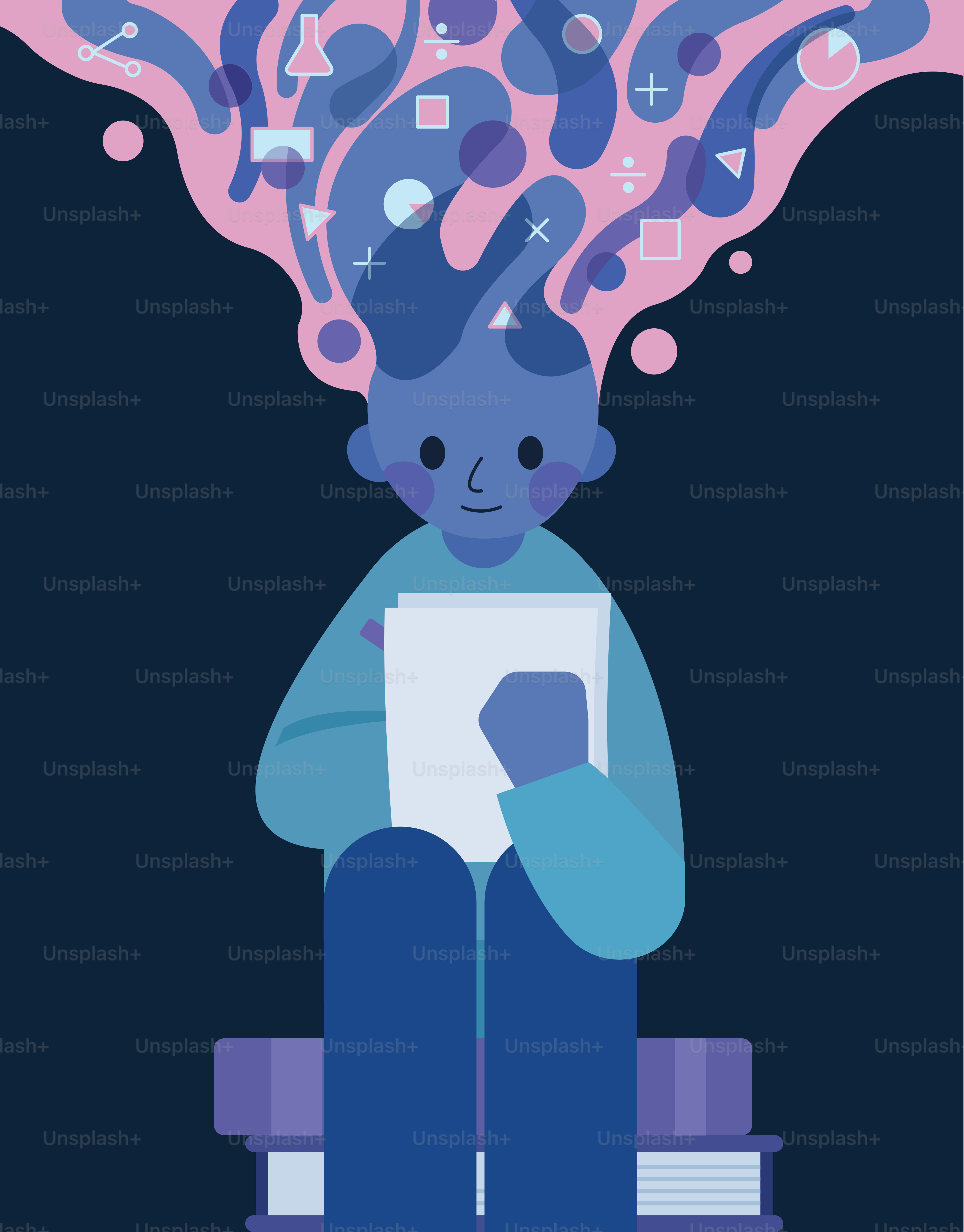 Person with abstract shapes and math symbols above head