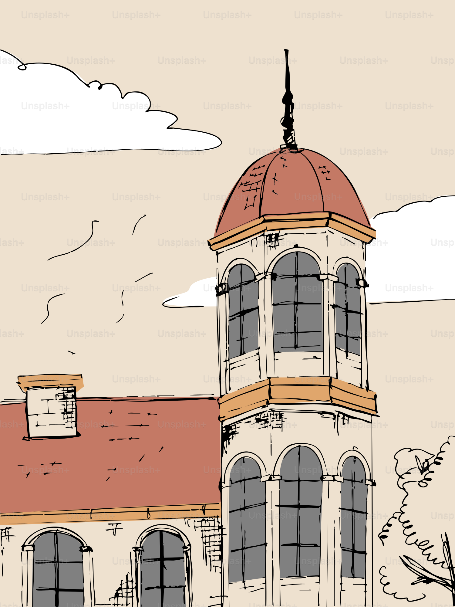 Sketch of a building with a red roof and tower.