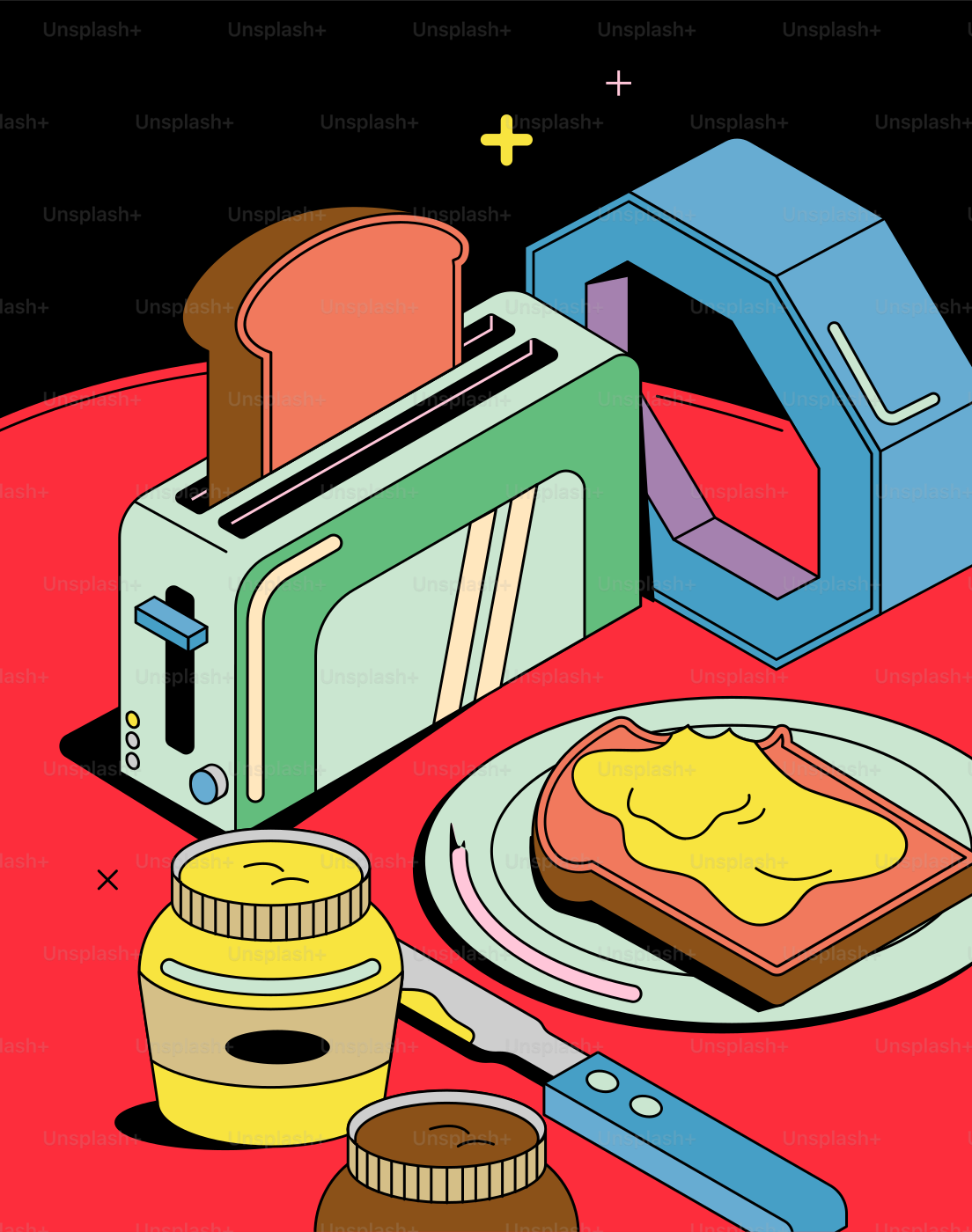 Toaster with toast, jam, and knife on a red table.