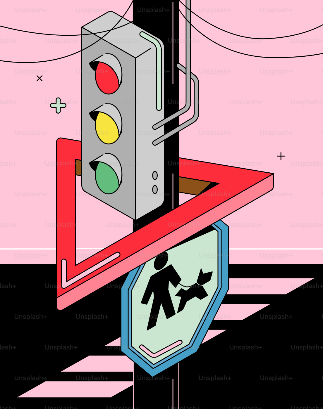 Traffic light with pedestrian and dog crossing sign