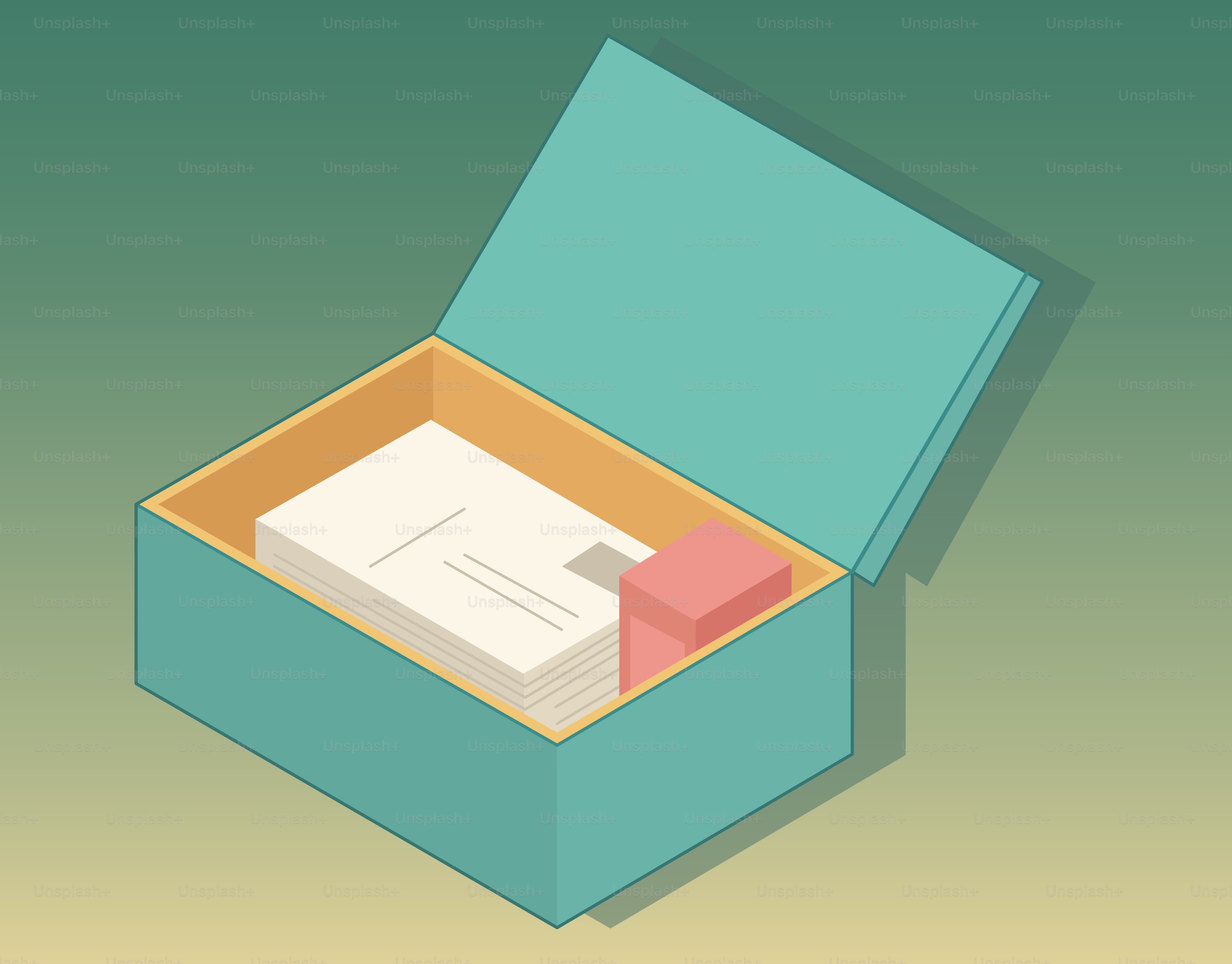 Open box with papers and small pink object