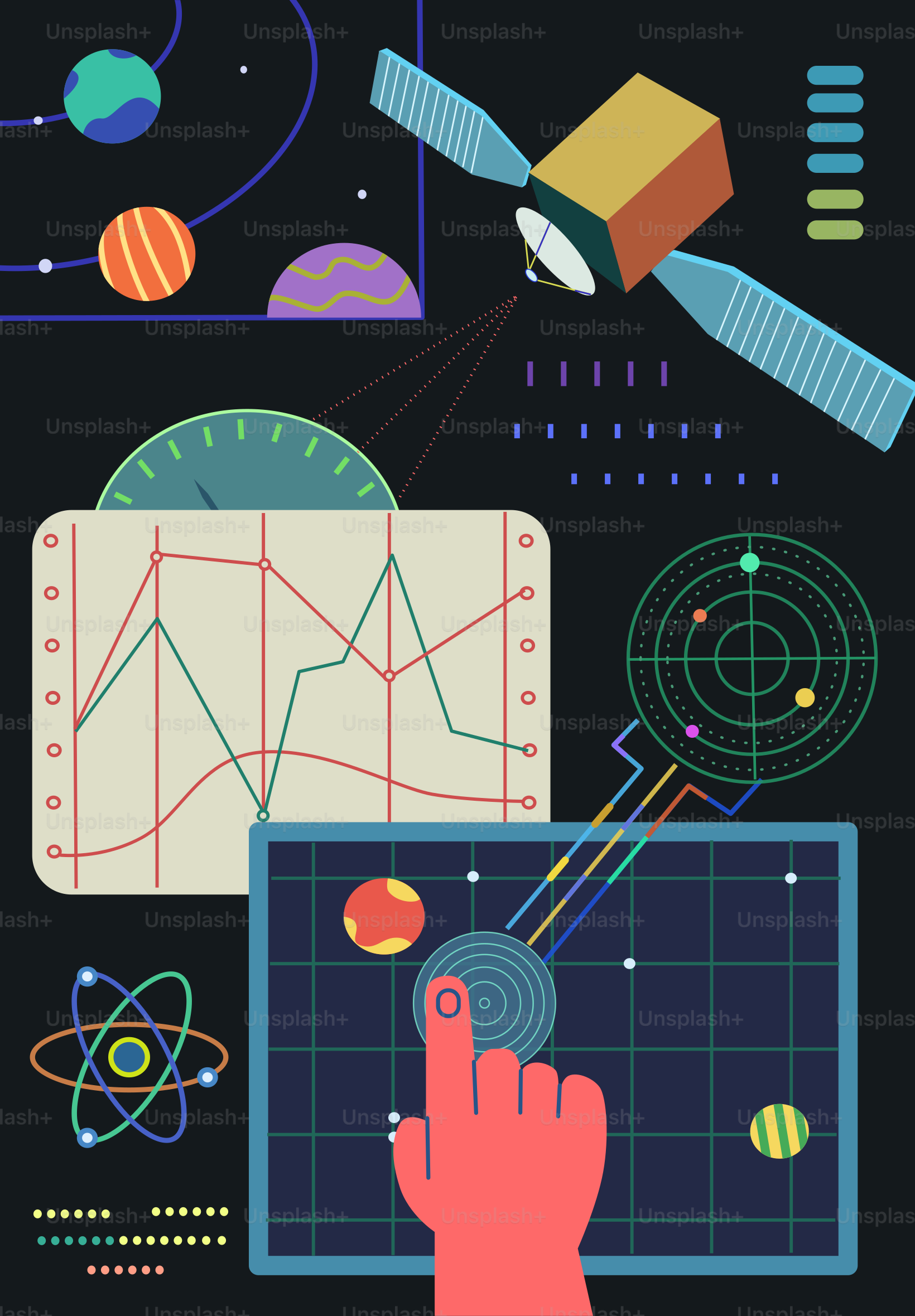 Tecnologia de exploração espacial com cartas e planetas.
