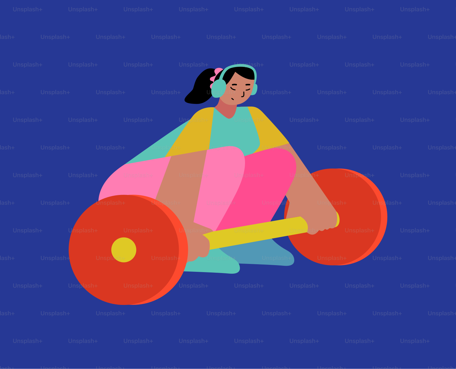 Woman lifting weights with headphones on