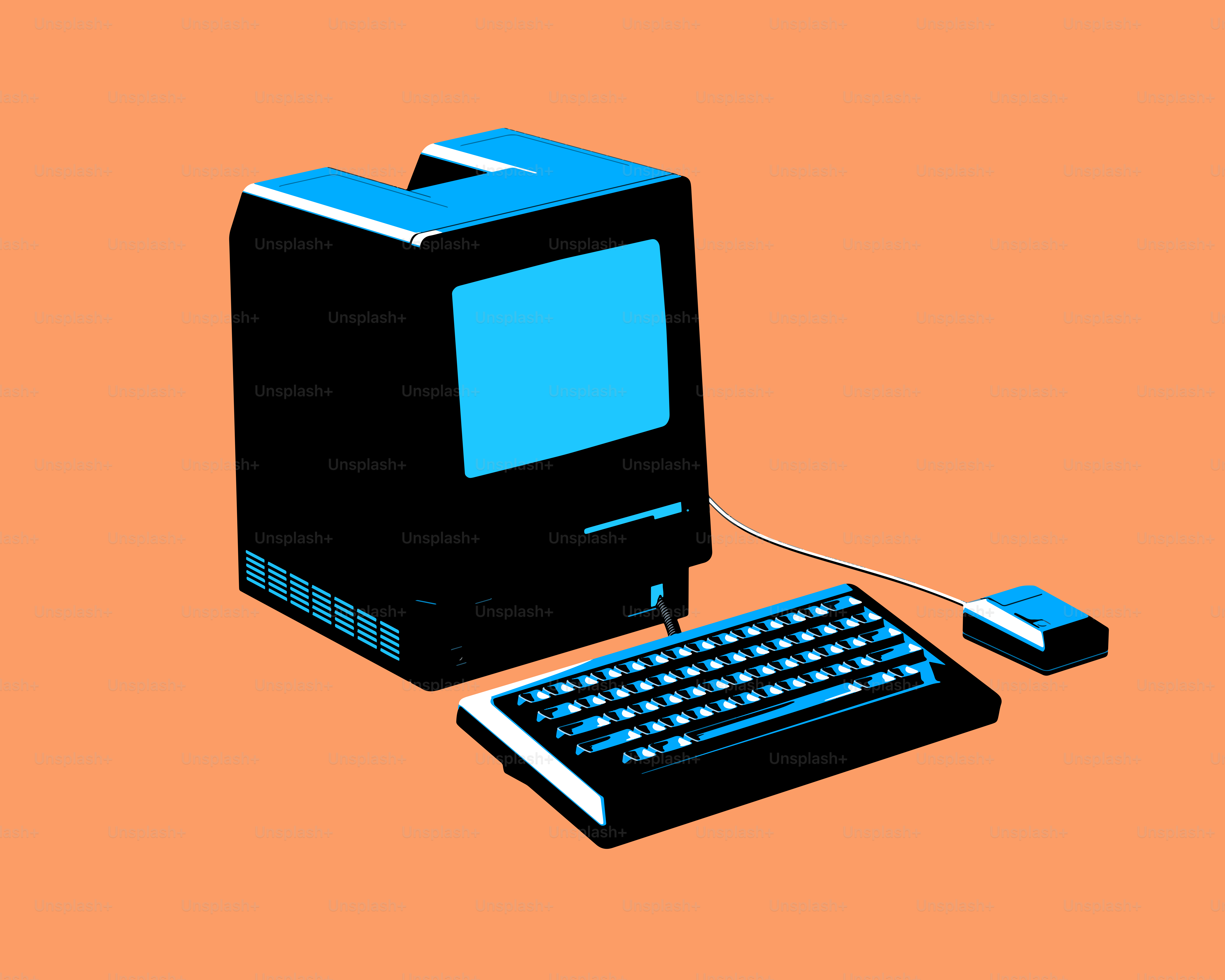 Retro computer with monitor, keyboard, and mouse.