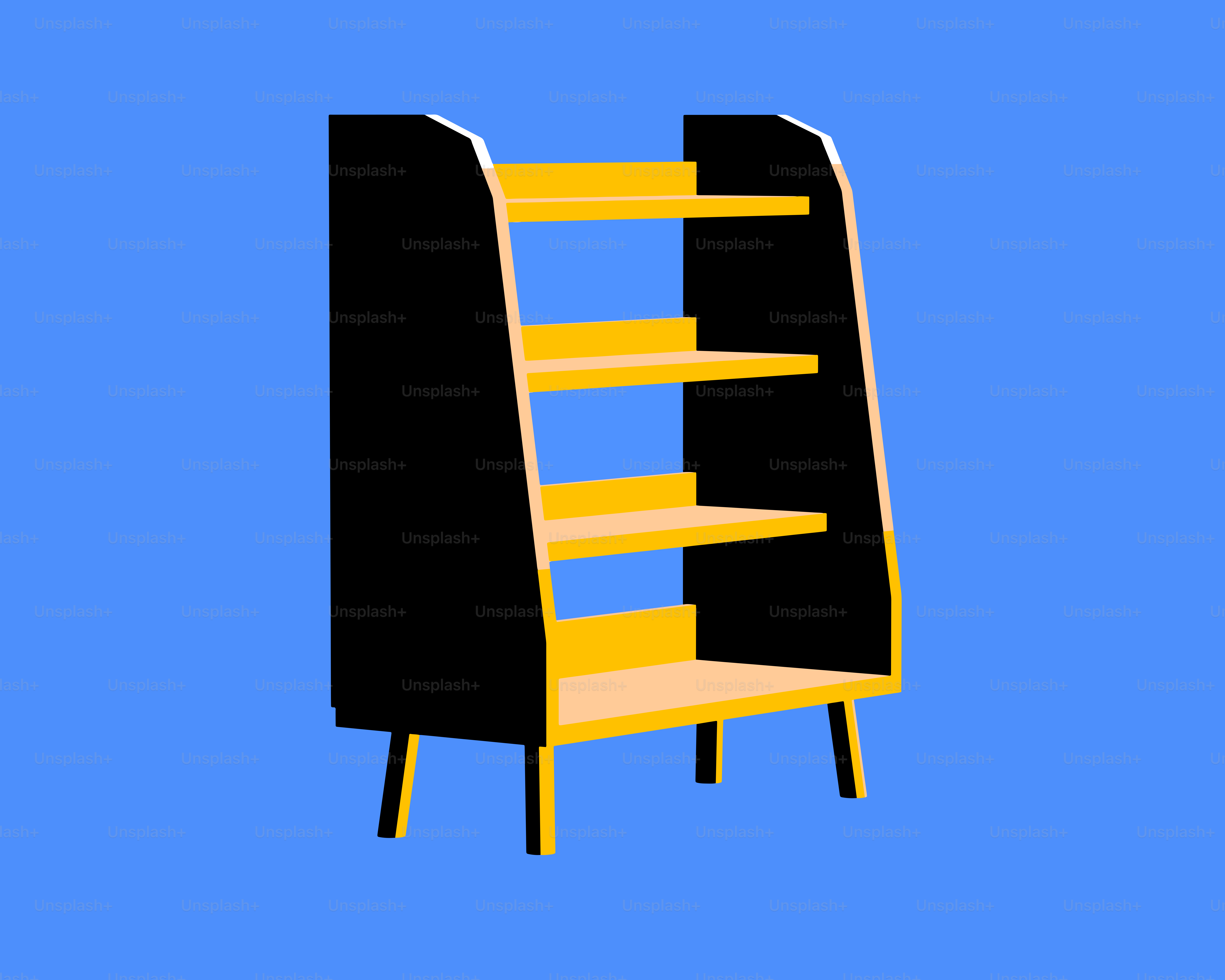 A modern yellow bookshelf on a blue background