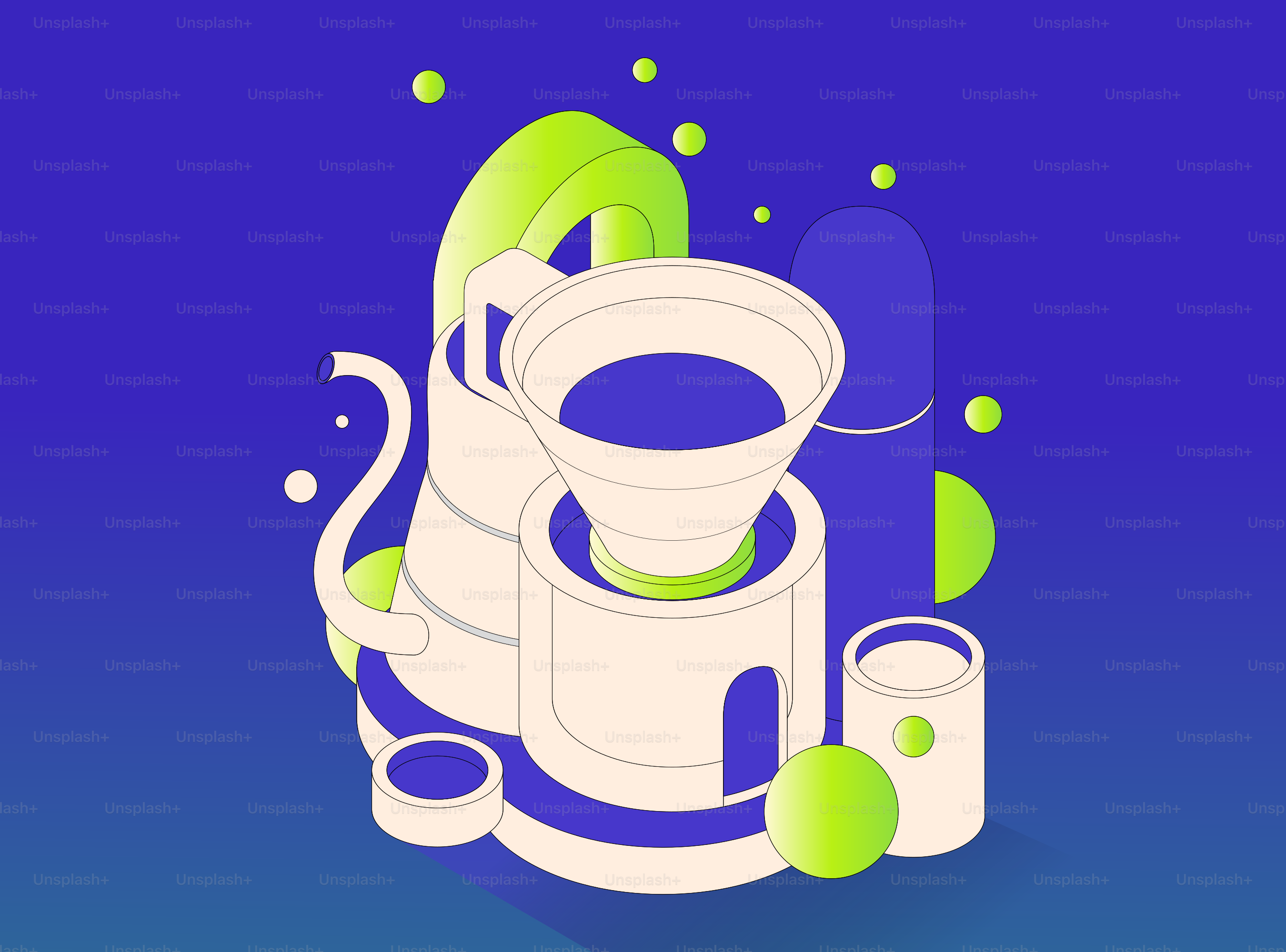 Cafetera preparando café con elementos abstractos