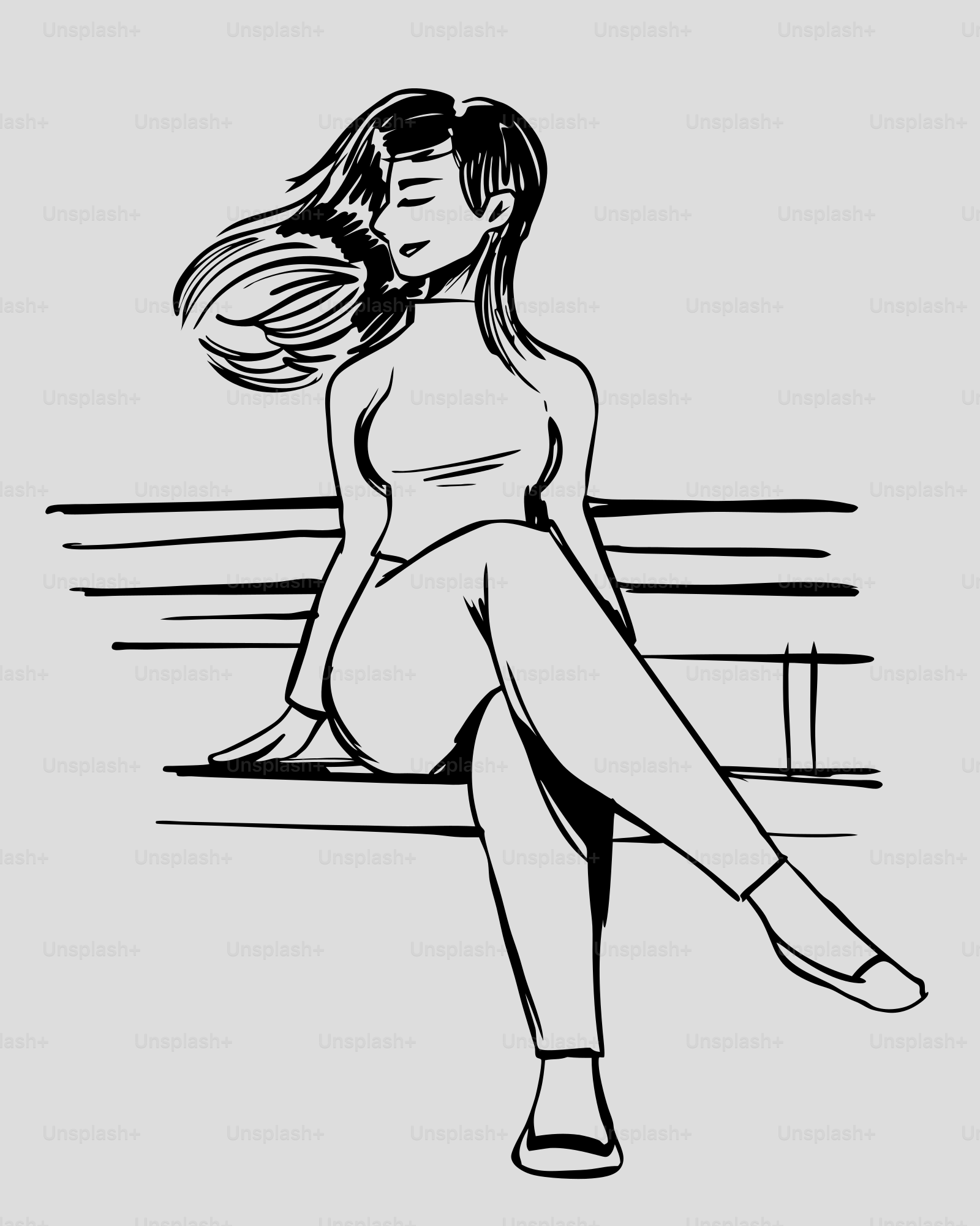 Mujer sentada en un banco del parque con el pelo despeinado por el viento