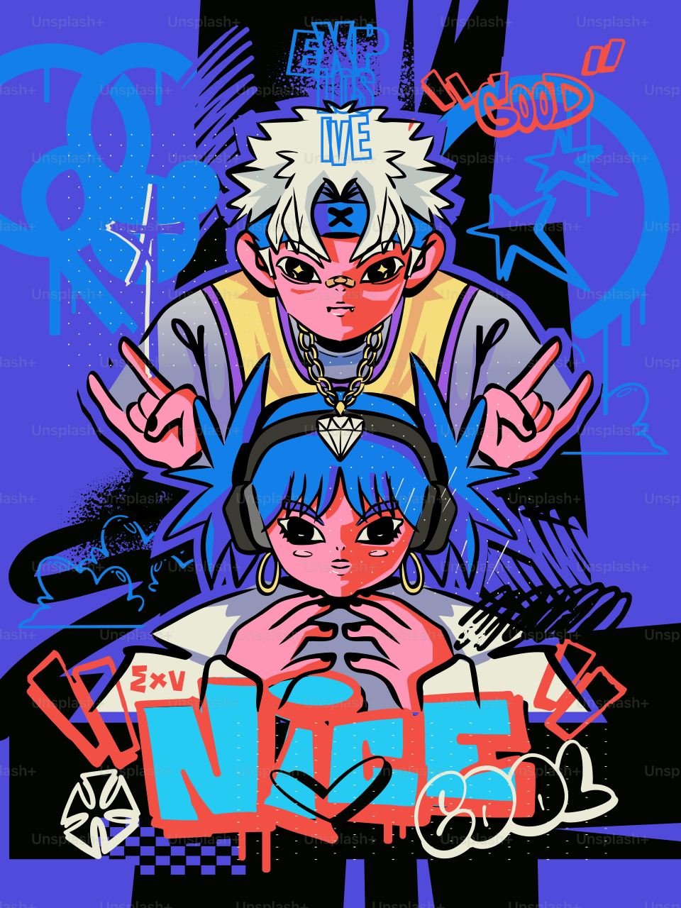 Deux personnages d’anime avec un background en graffiti