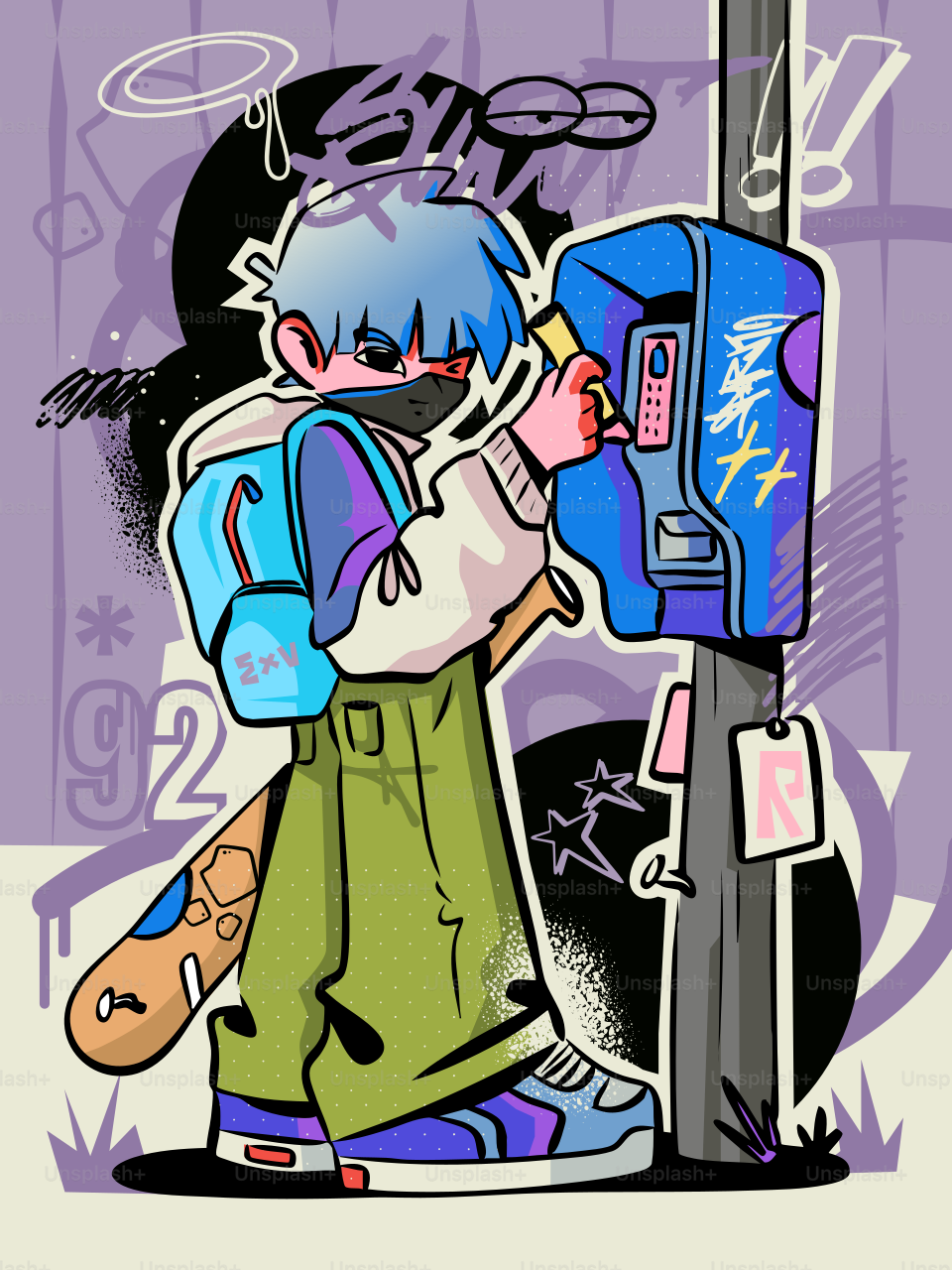 Jeune utilisant un téléphone public rétro avec un skateboard