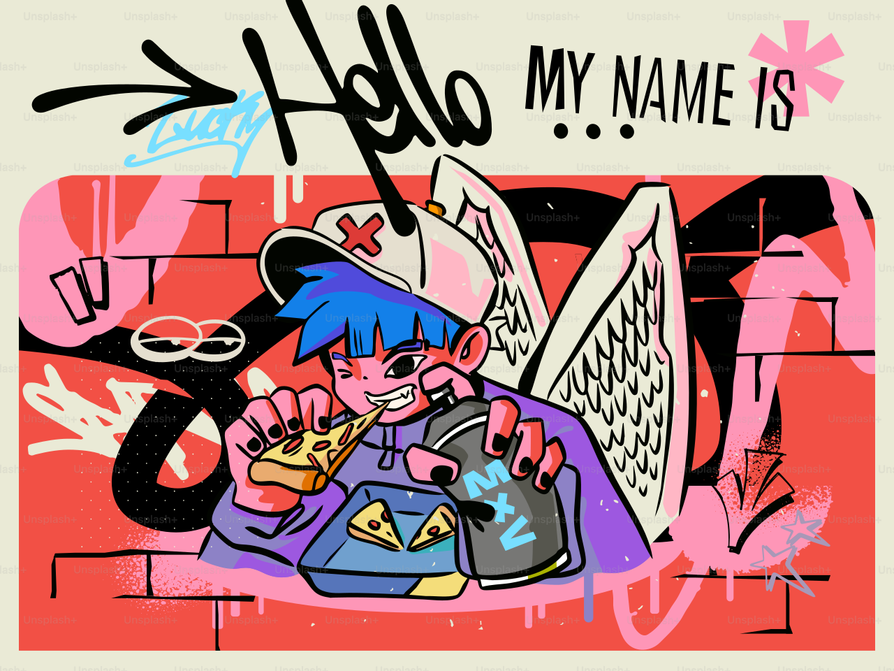 Animated character eating pizza with spray paint can