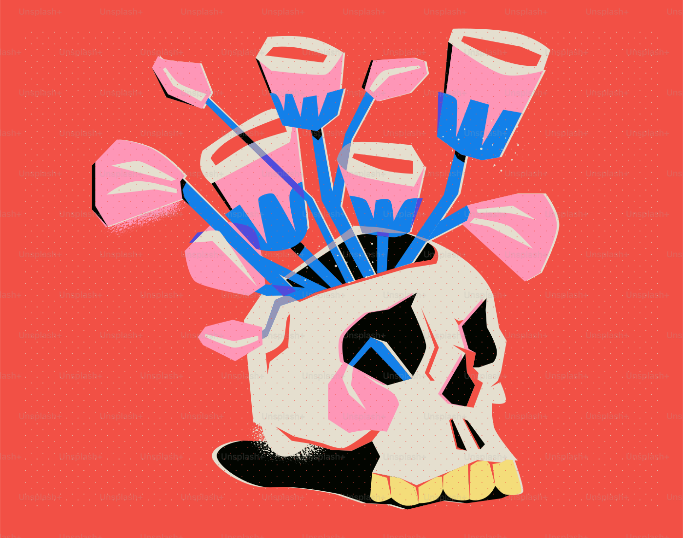 Calavera con flores rosas y azules sobre fondo rojo