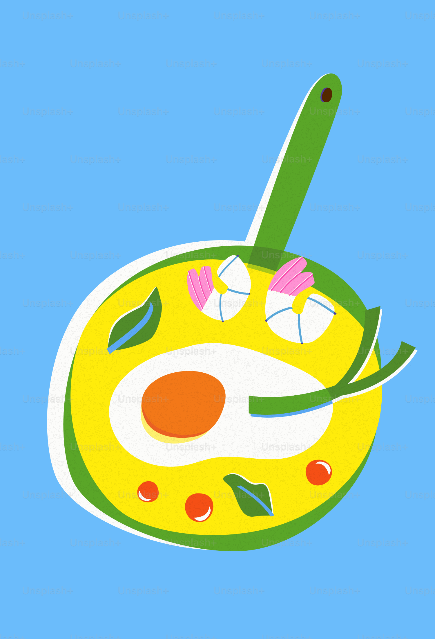 Huevo frito con gambas y hierbas en una sartén