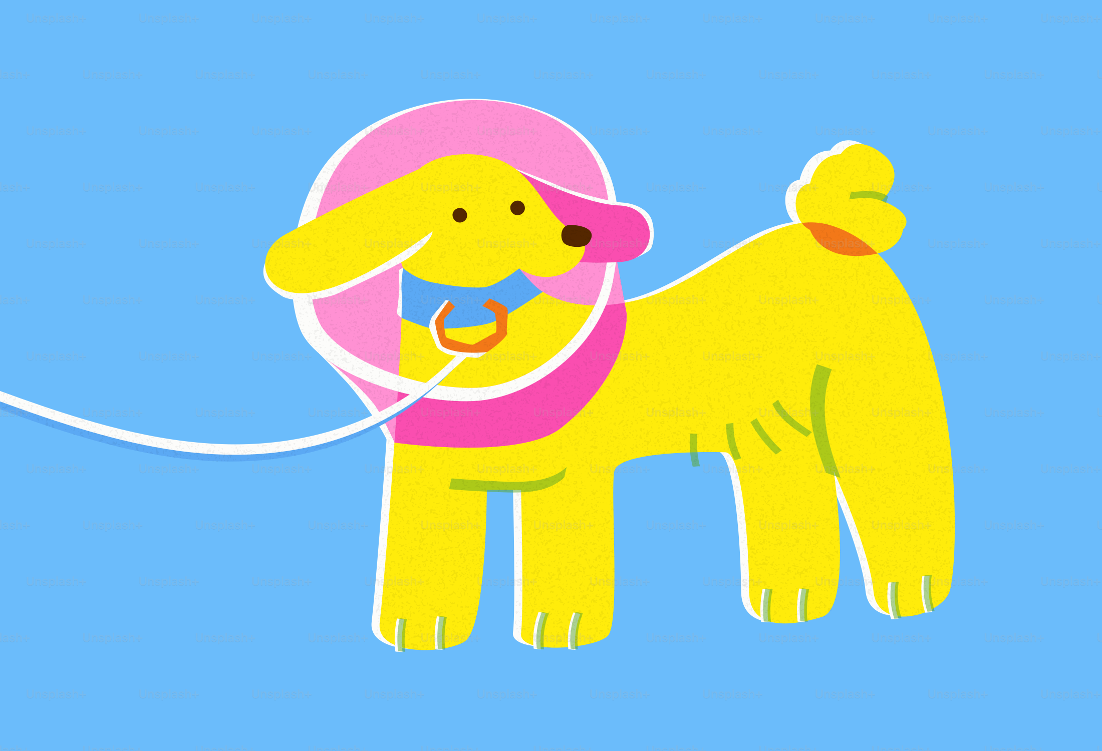 A yellow dog with a pink collar and leash.