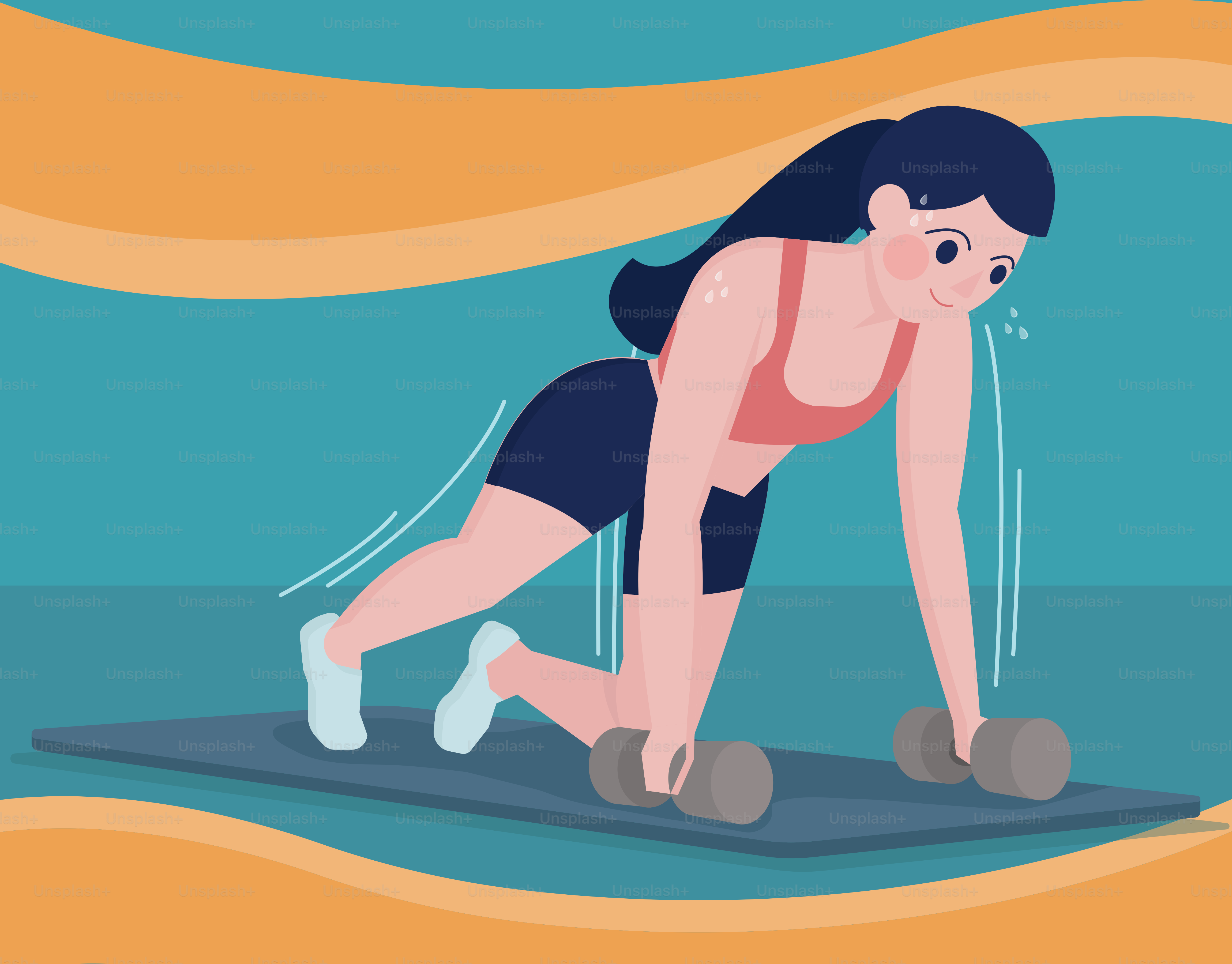 Woman exercising with dumbbells on a mat.