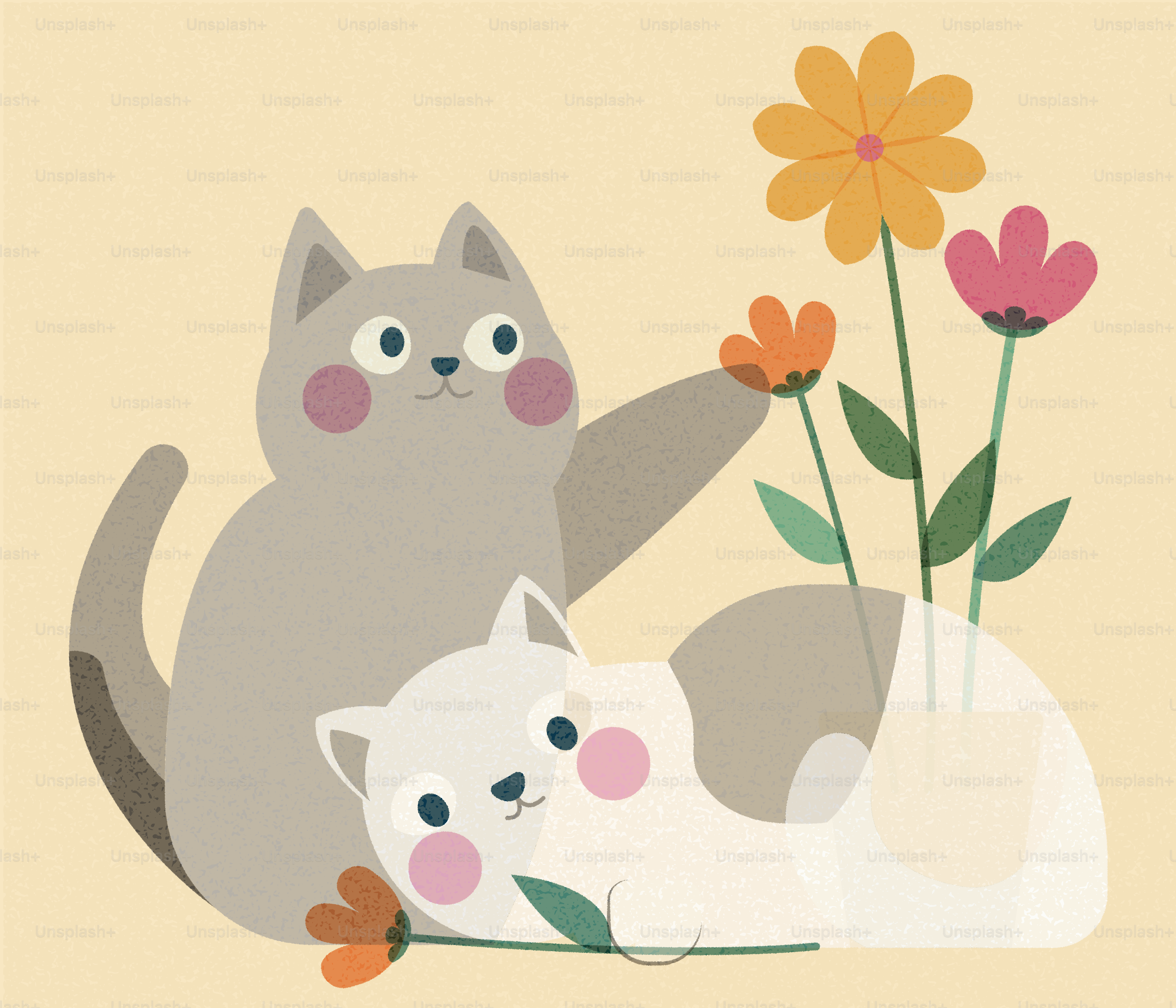Two cats with flowers in a vase.