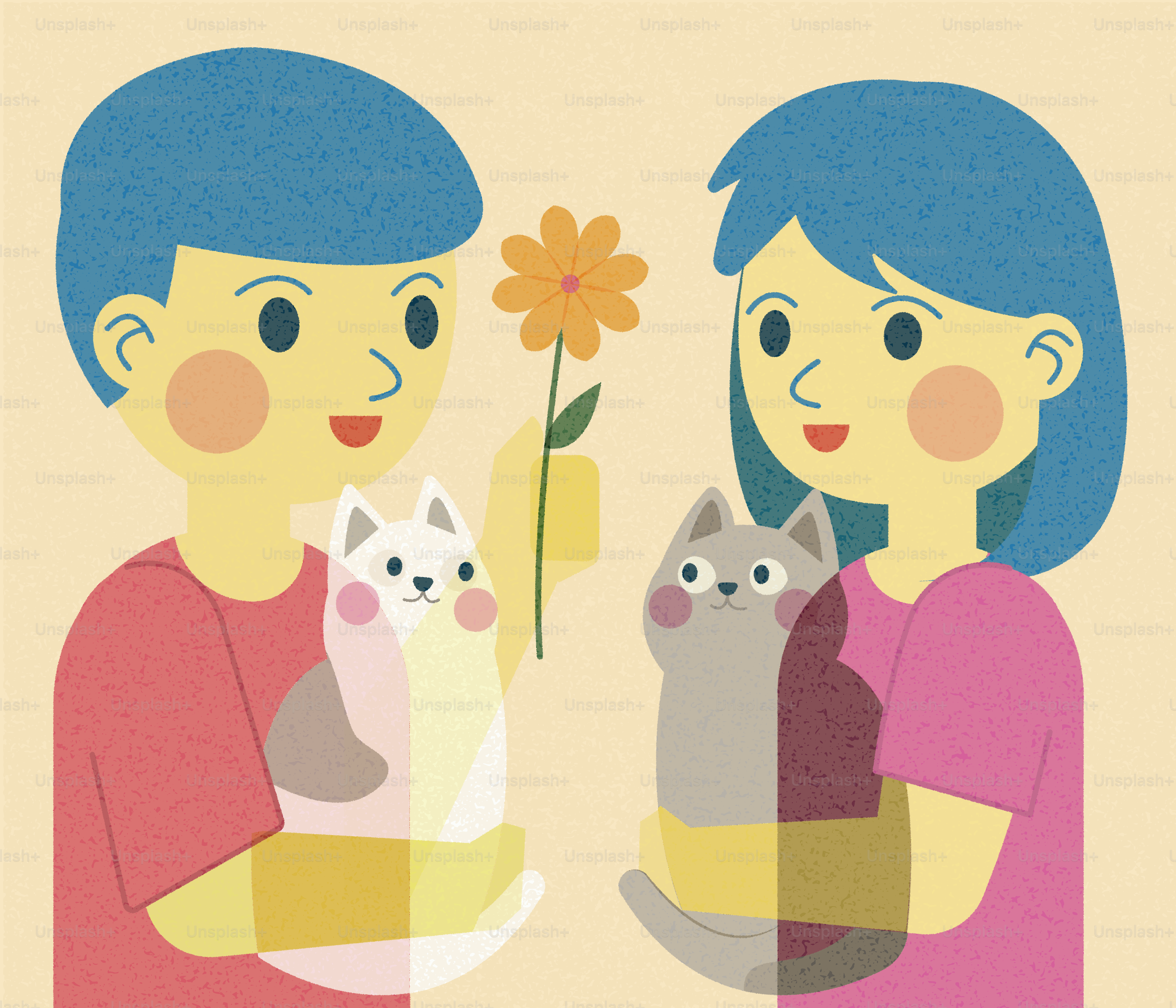 Zwei Kinder mit Katzen und einer Blume
