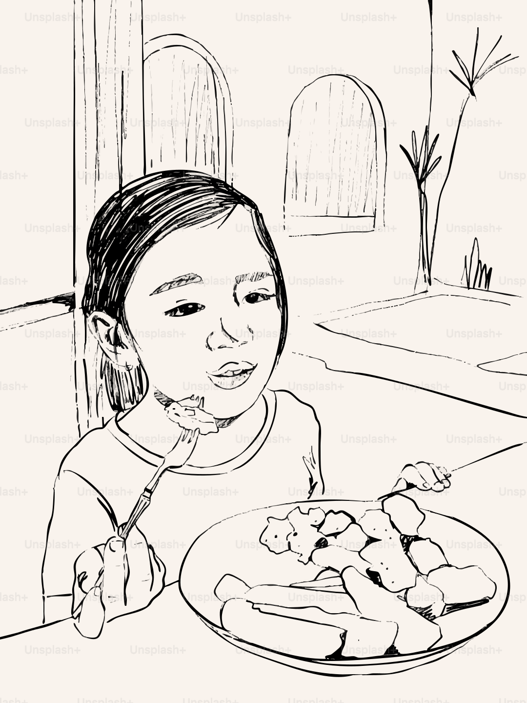 A young girl eating food from a plate.
