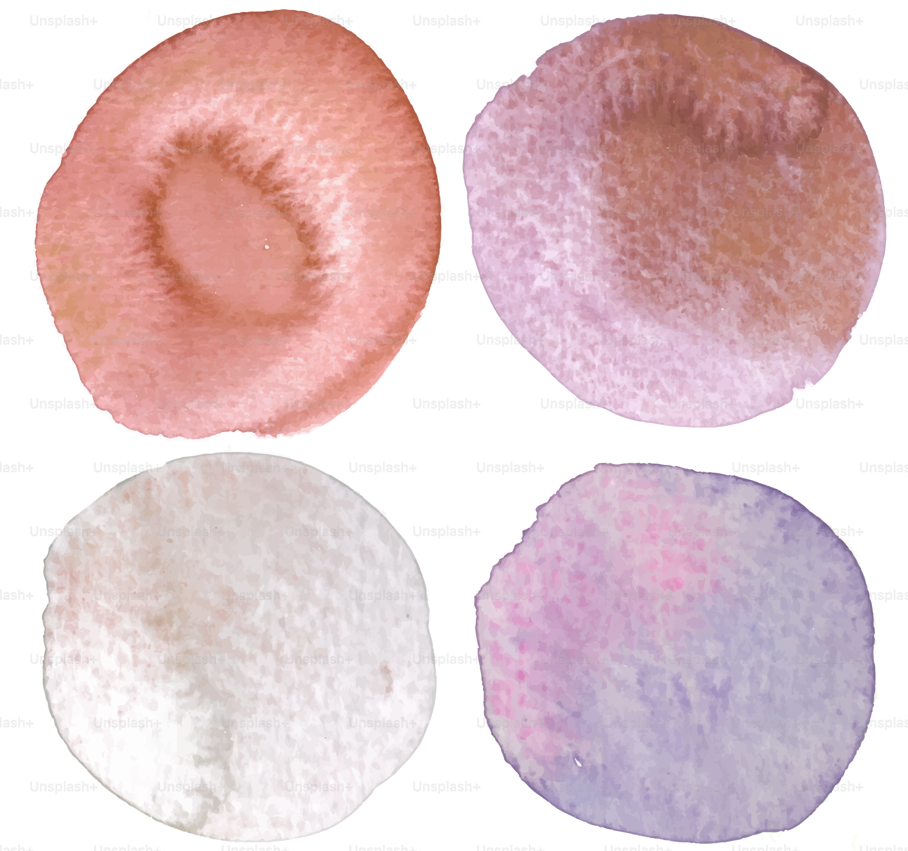 Quatre cercles d’aquarelle en rose, violet et blanc.