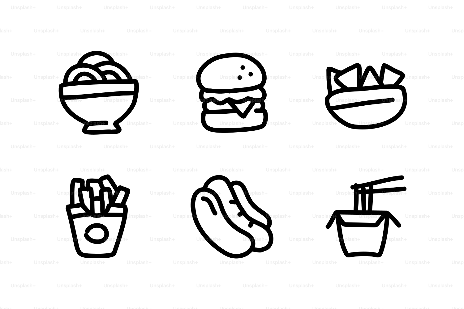 Collection of simple food icons: burger, fries, hot dog, noodles.