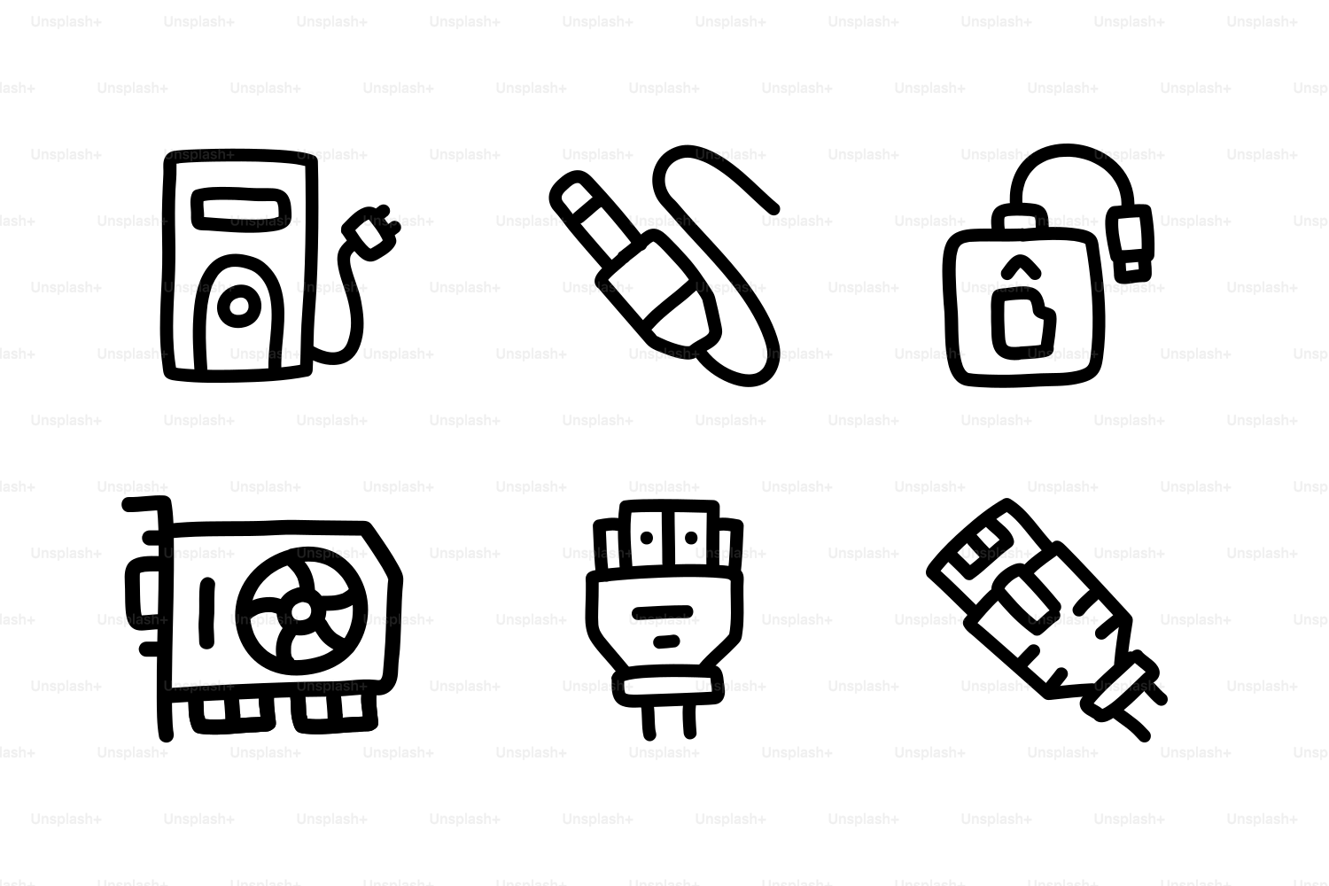 Computerhardware-Icons: Turm, Buchse, Laufwerk, Karte, Stecker.
